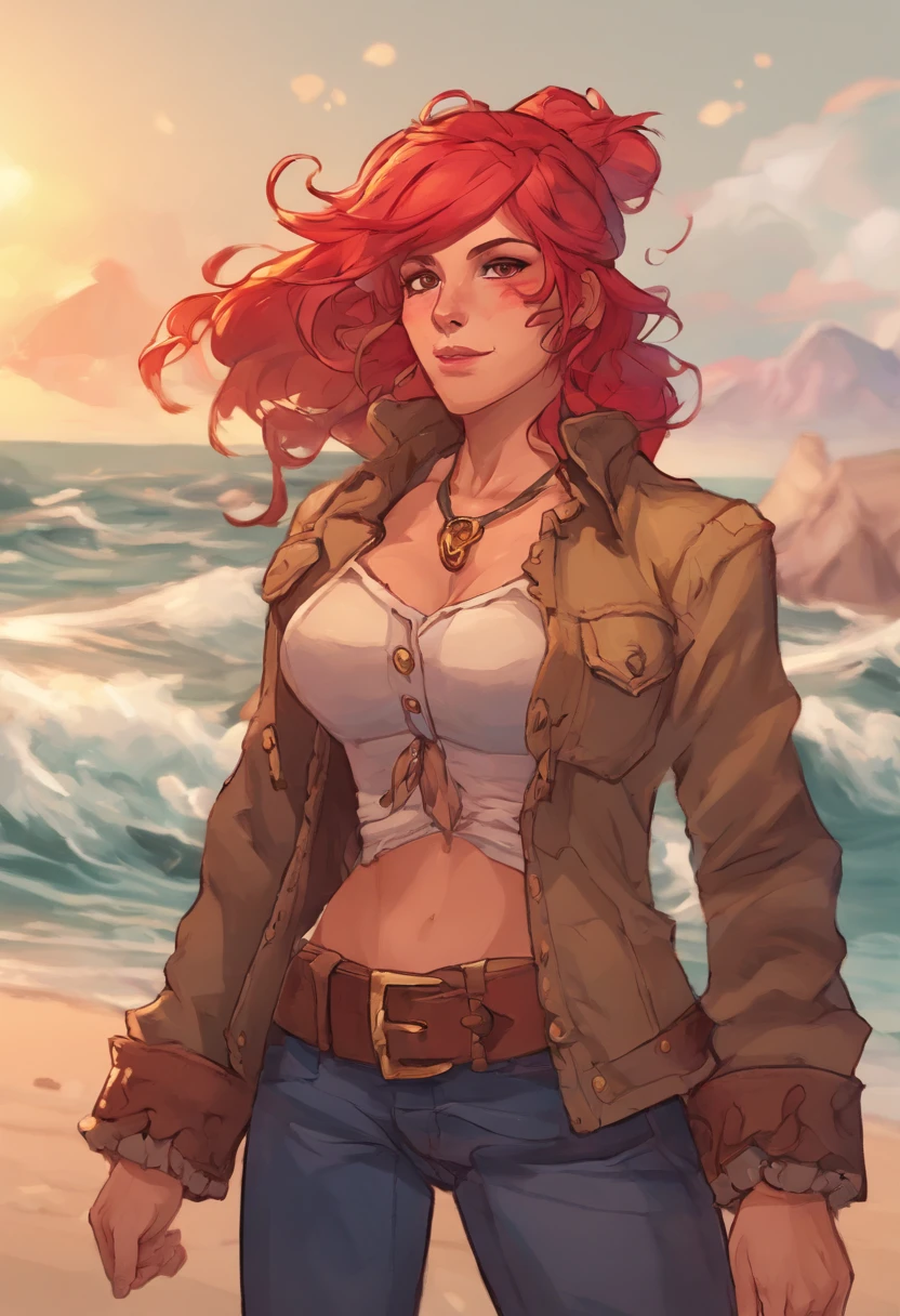 Buff woman with a jacket and a bra, tan skin, small breasts, sailor attire, beanie, red firey hair hair highlights, on the coast