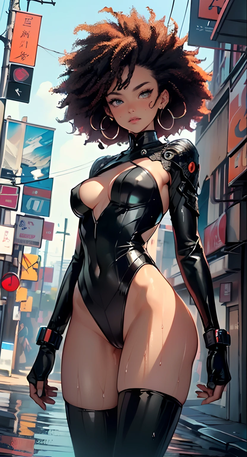 girl spacepunk,(((1girl))),((cute and beautiful afro haired girl)),((((black race)))),
(large breasts:1.4),saggy breasts,((((black afro hair:1.35,((afro hair:1.35)),afrohair,afro:1.35,dark hair,black hair,)))),medium hair,((((heterochromia:1.5,eye1 orange:1.5,eye2 red:1.5,intricate eyes,beautiful detailed eyes,neon color eyes:1.5,glowing eyes,symmetrical eyes)))),((fat)),((((tan,dark skin,black skin:1.35,dark-skinned_female,dark skin:1.3,ebony skin,lustrous skin:1.5,bright skin: 1.5,shiny skin,very shiny skin,shiny body,illuminated skin,wet legs)))),(spider lower abdomen,narrow waist,wide hip,athletic body,inflated legs,delicate detailed fingers),((hand consists of a short thumb and four fingers,hand with just five fingers,(detailed face))),
cute,slutty,sensual,seductive look,seductive,erotic,enchanting,((nsfw)),
zettai ryouiki,revealing clothing,show skin,(wearing a mechanical space body armor:1.3,micro bikini,bare legs,an armored arm),((wet clothes, intricate outfit,intricate clothes)),
(dynamic pose:1.0),solo focus,embarrassed,(centered,scale to fit dimensions,Rule of thirds),
cyberpunk city by the ocean at night, with bright neon signs and dark stormy clouds and puddles,
highres, sharp focus, (ultra detailed, extremely detailed), (photorealistic artwork:1.37),(extremely detailed CG unity 8k wallpaper),((synthwave background theme)),(((vibrant colors,))),(intricate),(masterpiece),(best quality),synthwave neon colors,