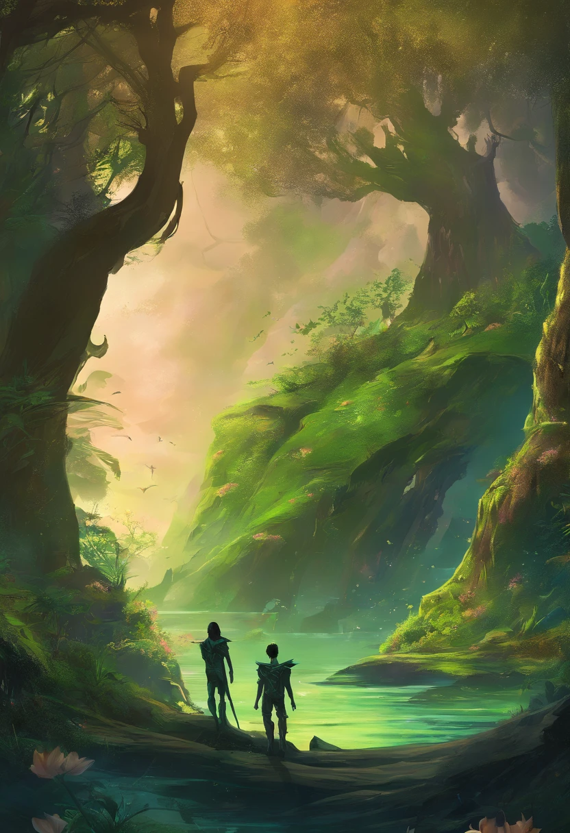 Percy Jackson e namorada, garota de olhos verdes, cabelos castanhos ondulados, pele bronzeada, Forest scenery with lilies