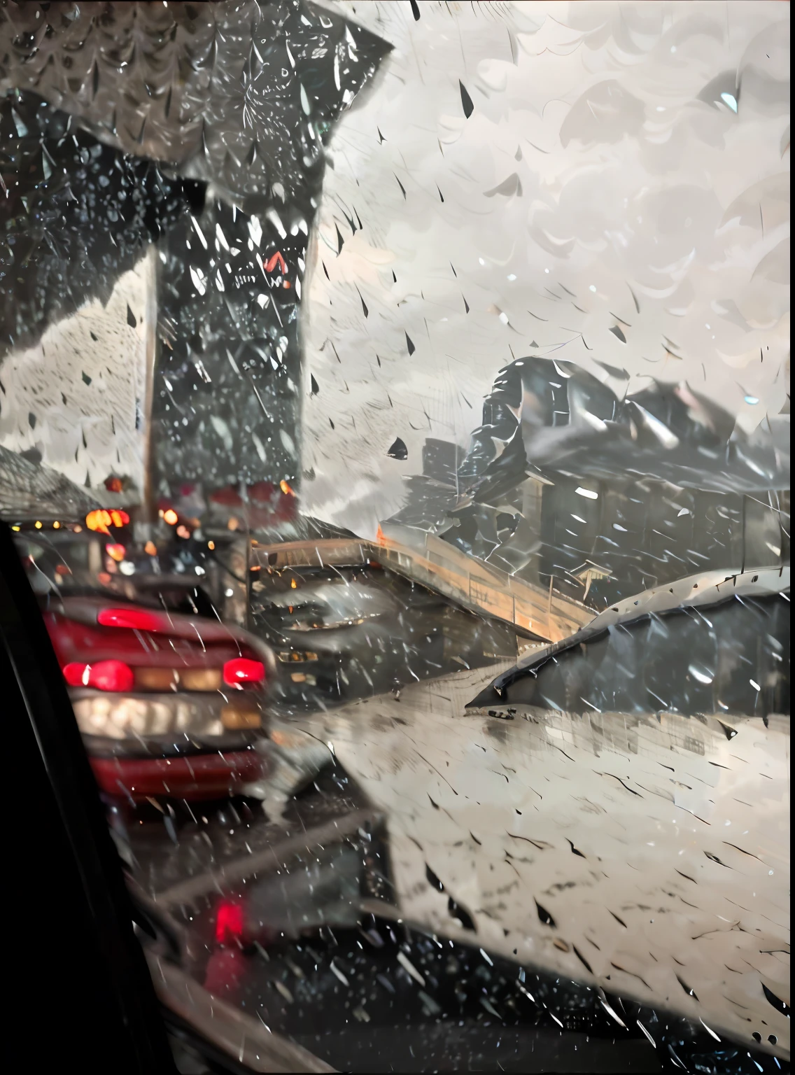 View of the car through the rain-covered window, rainy streets in the background, viewed through the cars window, rained, it is raining outside the window, it is raining heavily, Wet road chase, rainy and wet atmosphere, During a hailstorm, very heavy rain, heavy rain from thick clouds, Rain and thick mucus, day after raining