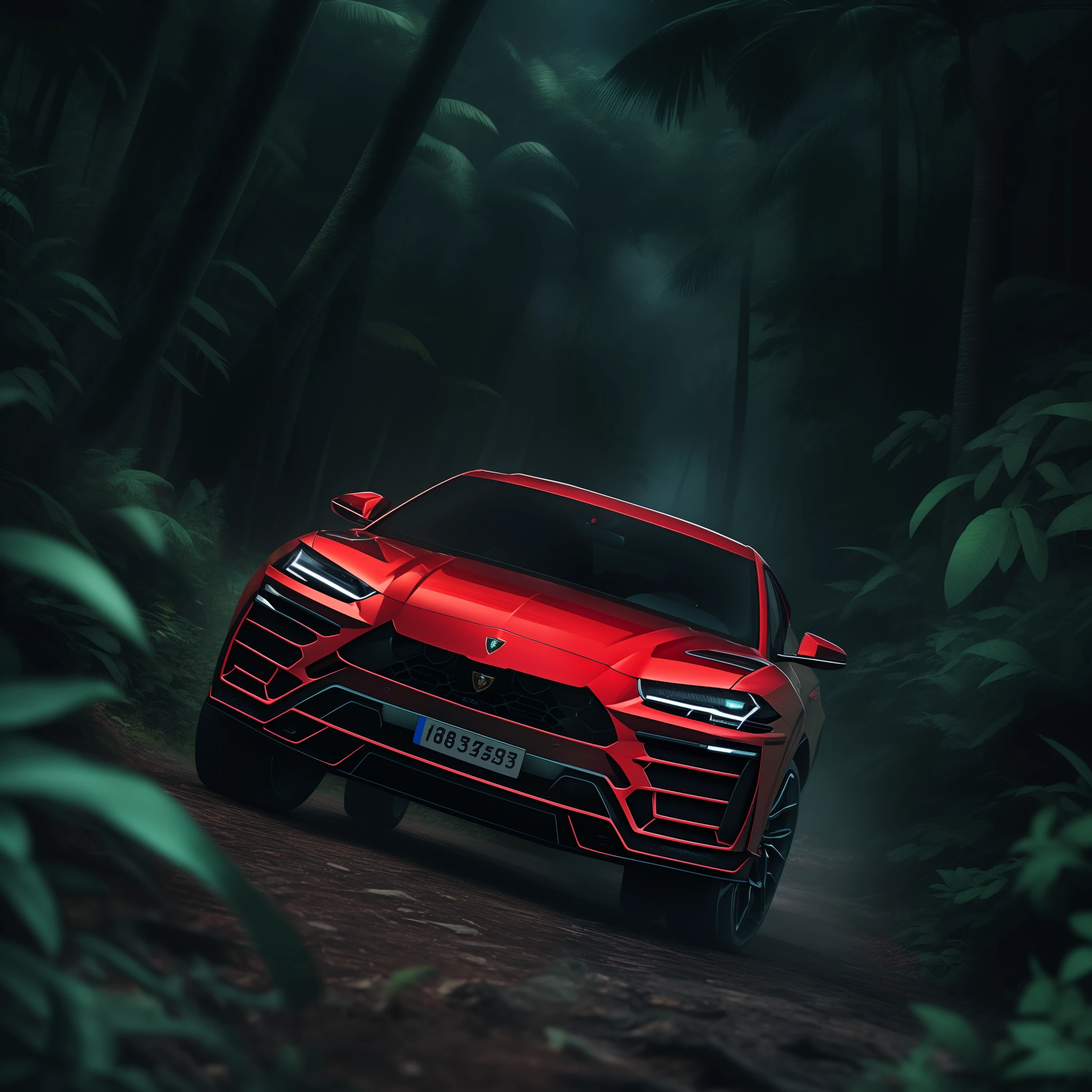 A cinematic photorealistic color digital drawing of Bright Red Lamborghini Urus at night in the Borneo Tropical Jungle, extreme modified and styled by Kahn Design, insanely detailed and intricate, crisp sharp and clear, volumetric lighting, ultra-high resolution, masterpiece hyper realistic artwork Frank Bellamy, centered, Professional color grading by Kenneth Hines Jr.