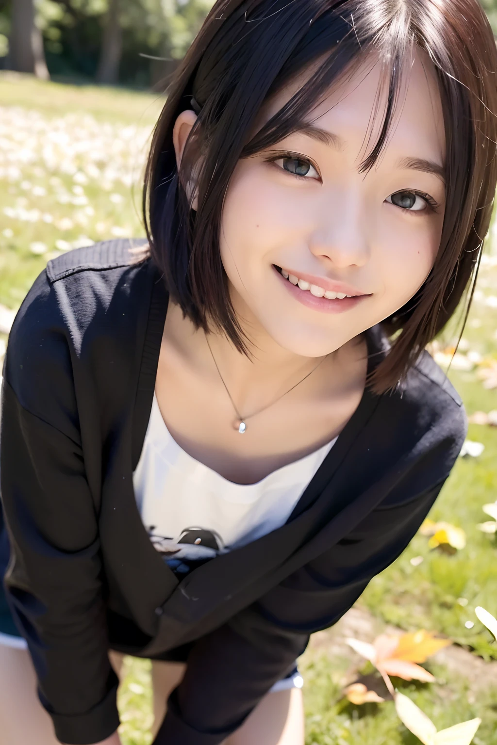 (top-quality、8K、32K、masuter piece、nffsw:1.2)、Cute Japan Girl、1人、bobhair、profile、(slim figure:1.2)、(s lips) 、(Black hair)、二重まぶた、shinny skin、Realistic rays、mare、beauitful face、(A smile:1.3)、crouching down、(From above:1.2)、(a closeup:1.4)、white t-shirts、Forest of autumn leaves、blurry backround、(Front Focus)、(Dark: 1.6)、Fantasy Art、photoRealstic、Professional Lighting、extra detailed face、Award-winning、deep-shadows、