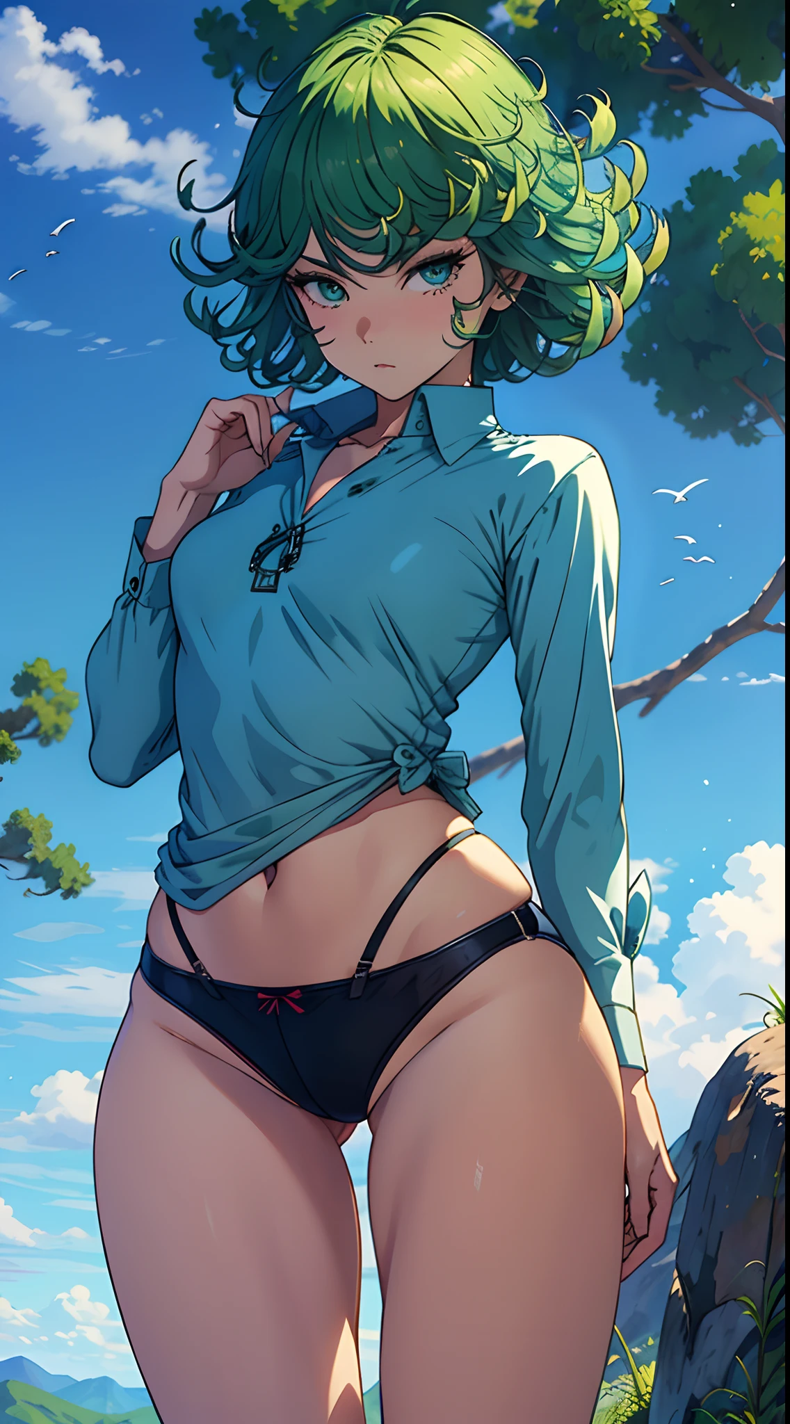 (masterpiece, best quality:1.2), cowboy shot, solo, 1girl, tatsumaki, lustful, closed mouth, looking at the viewer, ass, wide hips, shirt, short shorts, thong, squats, legs spread, blue sky, erotica,