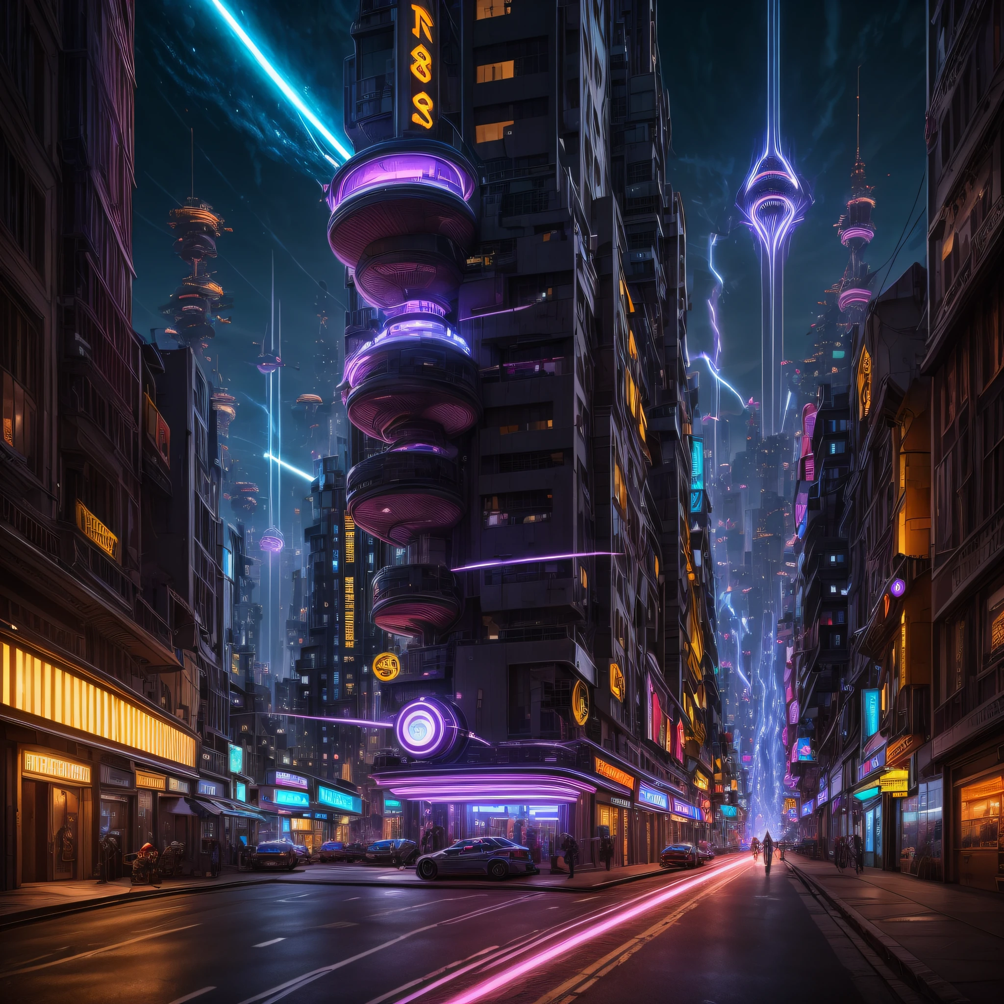 Masterpiece, high resolution,best quality,high definition, perfect composition, perfect face, perfect body, golden ratio, 8K,A well-developed futuristic city,Electrified city,Mechanized girl,purple hair,side braid,Jet engine on the back,flying though the air,