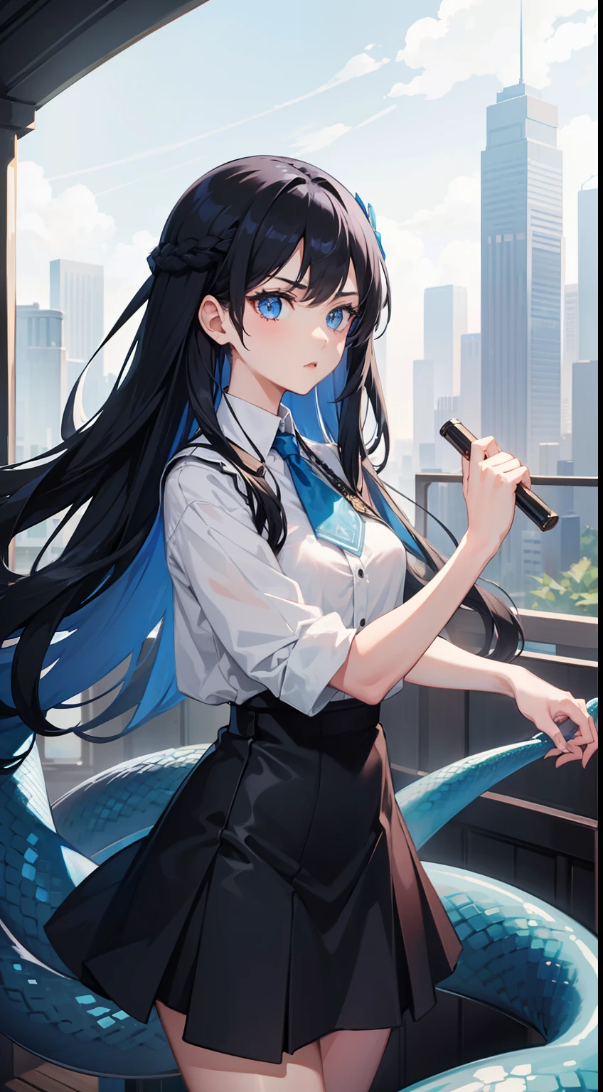 1girl,20s,blue eyes,solo,white blouse,black skirt,long hair,tail serpent,black hair,serious face,classroom,