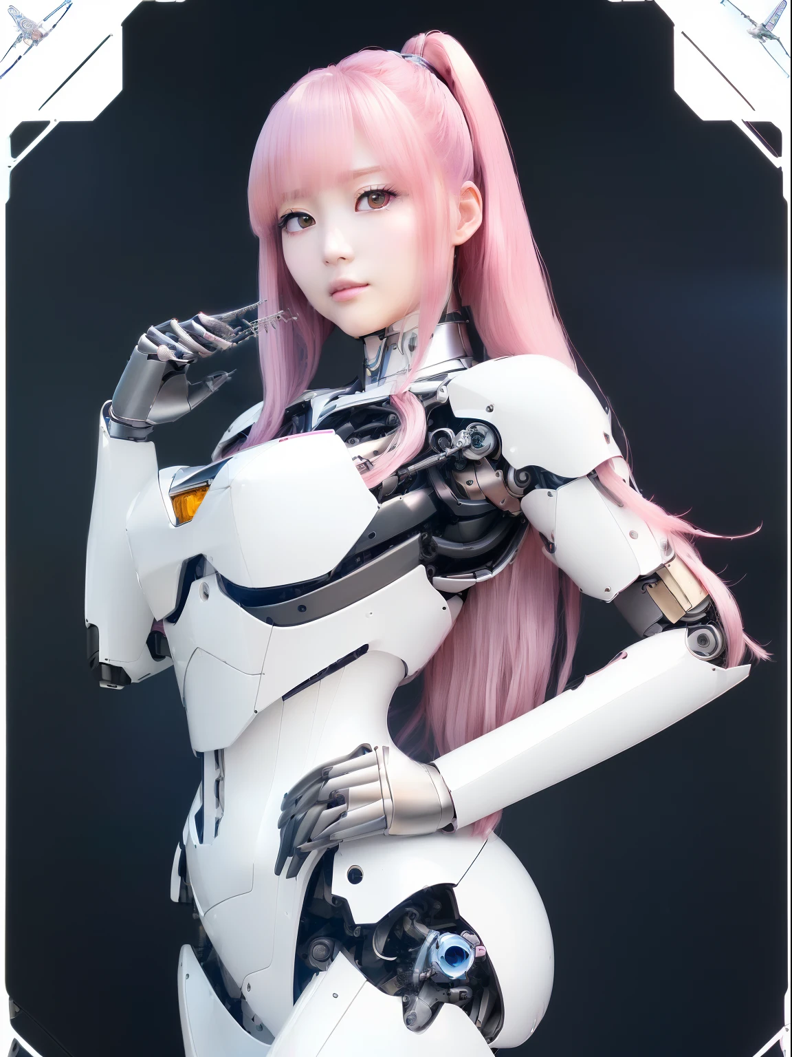 ((masutepiece)), ((top-quality), high quarity、ultra-definition, Realistic, fulcolor 、One beautiful robot woman、Joints of machines、Frame of the machine、Thick wire joints、White porcelain armor、(Curvaceous face)、deadpan、Pink Long Hair、Airplane wings on the back、Wide Shot