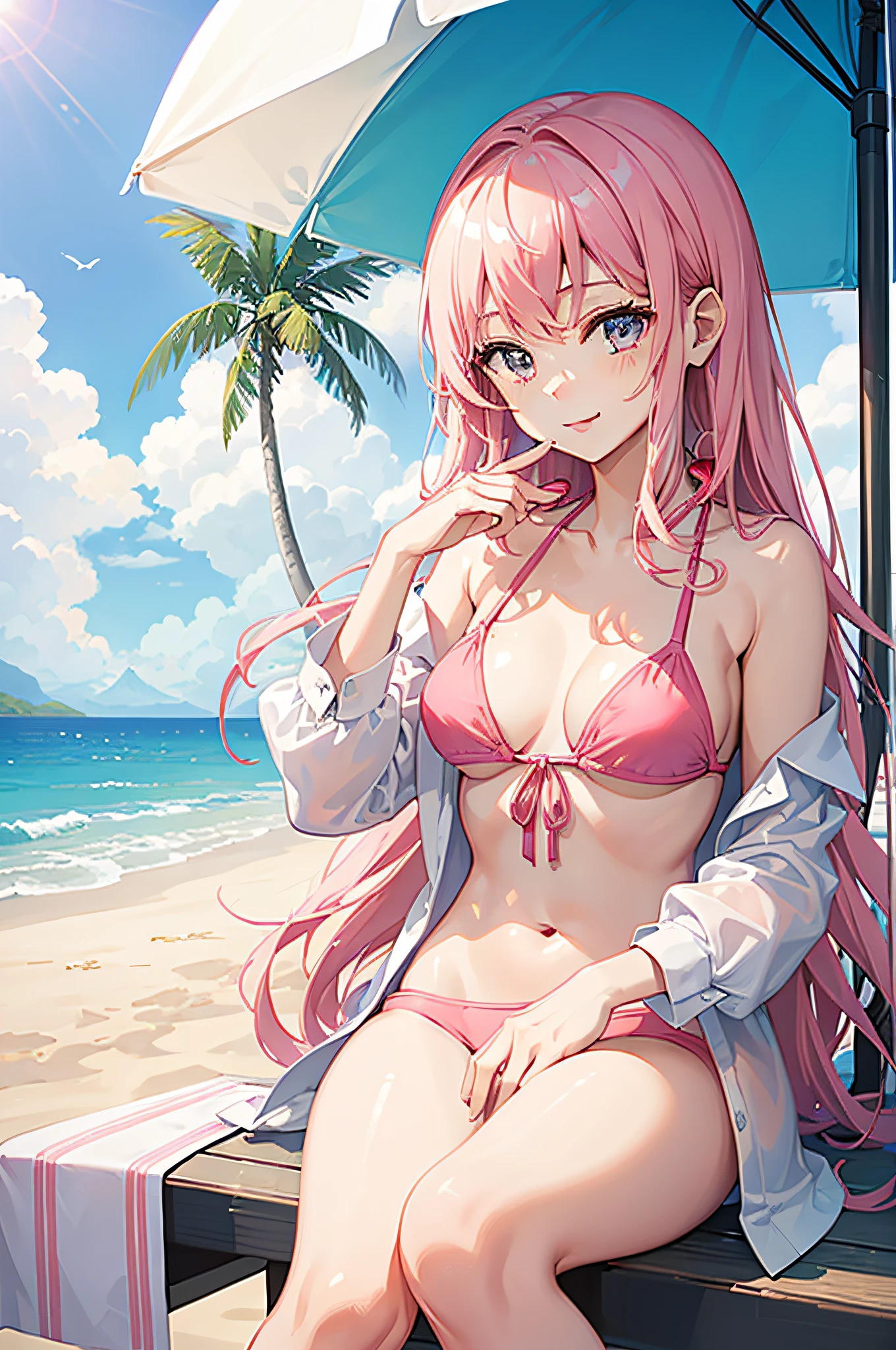 1 girl in、Cute Beautiful Girl、((The bikini))、((Wearing an unbuttoned white shirt))、A pink-haired、Sitting on a chair、beach parasol、(Drinking tropical juices)、(years)、A smile、the beach、top-quality、photos realistic