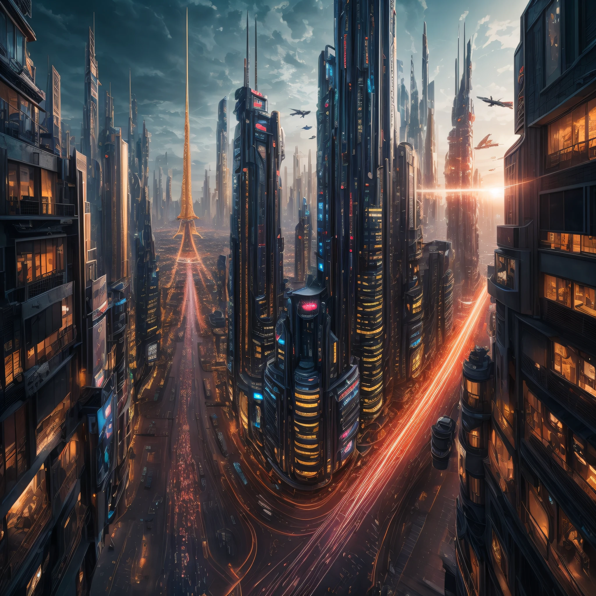 Masterpiece, high resolution，best quality，high definition, perfect composition, perfect face, perfect body, golden ratio, 8K，A well-developed futuristic city，Electrified city，Mechanized girl，gray hair，side braid，Jet engine on the back，flying though the air，