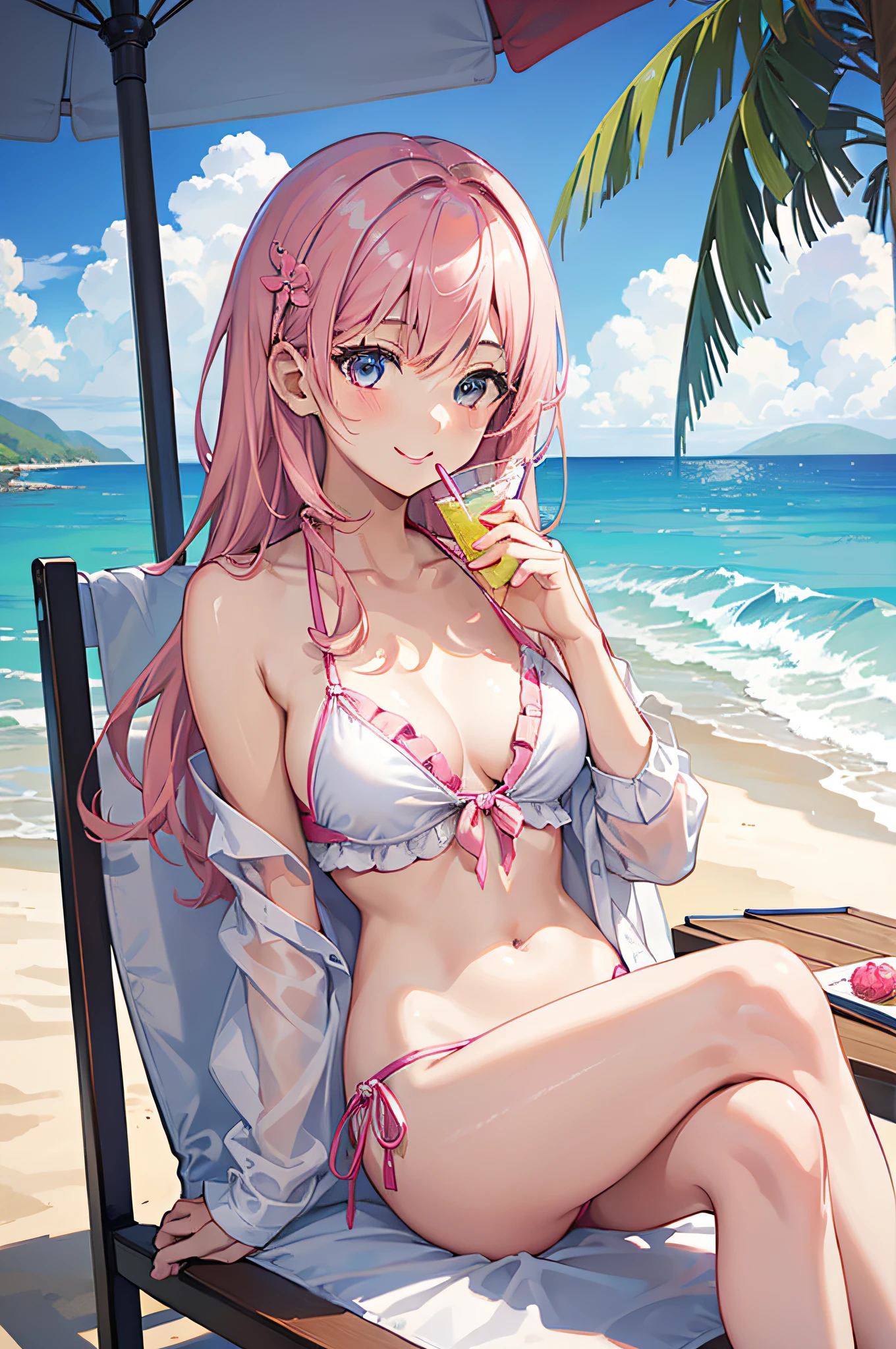 1 girl in、Cute Beautiful Girl、((The bikini))、((Wearing an unbuttoned white shirt))、A pink-haired、Sitting on a chair、beach parasol、(Drinking tropical juices)、(years)、A smile、the beach、top-quality、photos realistic