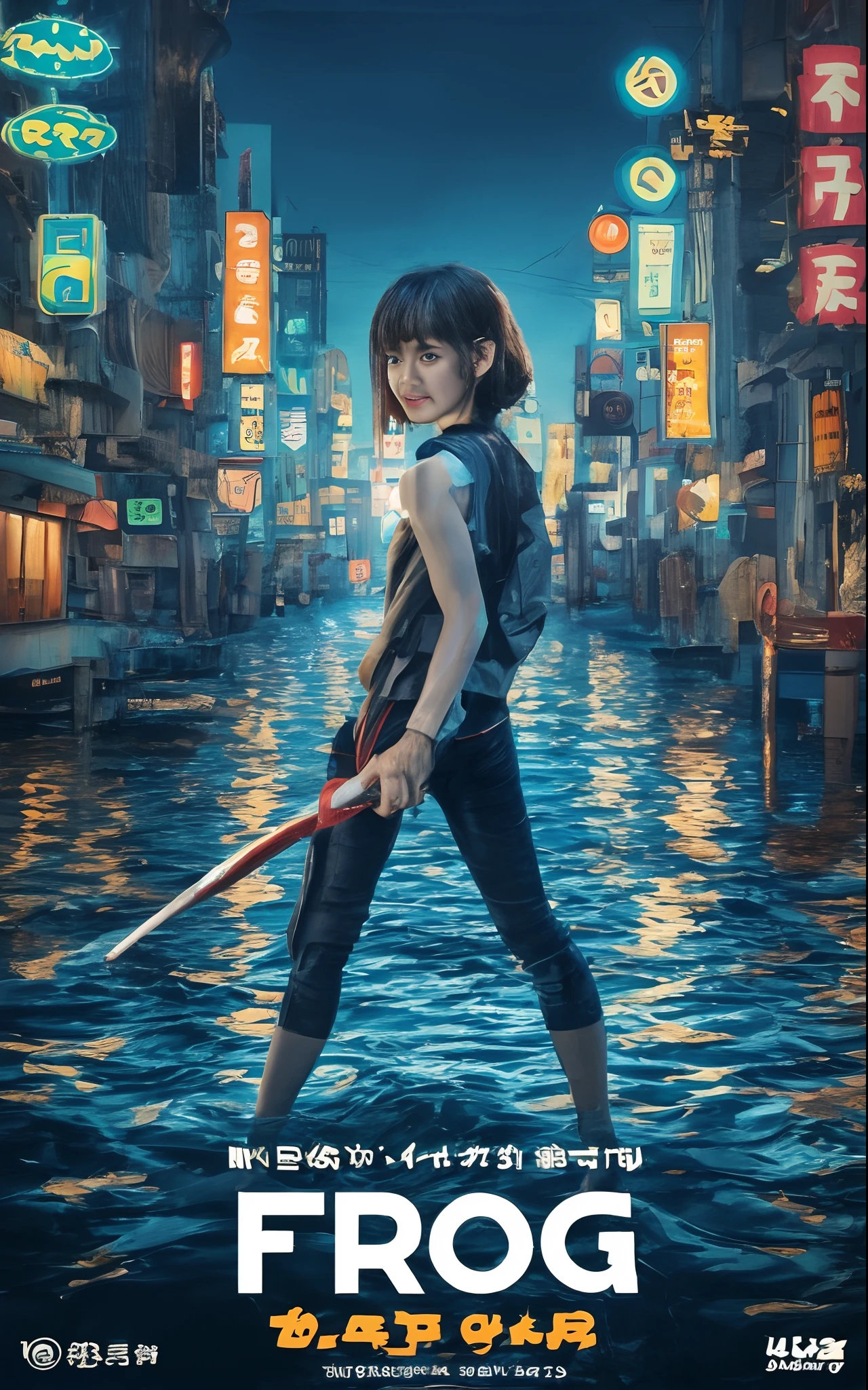 Movie poster with realistic pictures、Boyish age Japan girl standing in flooded Tokyo city、Turning around、With a very slender body、Wearing black slim denim、Wearing monotone long-sleeved lace、Wearing a black vest、Natural hairstyles with cool shortcuts、She looks at you sharply with determination、Holding a long Japan sword in his hand、photos realistic, Cinematic poster, The title of the film says:"frog" Say in small text:"black rain," We will make the city of Tokyo look cute, boyish, Short-haired teengirl in modern fashion、I like the girly hoodie style mixed with the light diving suit, She has a long sword, Cool Pose, photos realistic, Beautiful rendering of reflective water surface, Flickering pink and orange neon signs say:"frog", 8K, Wallpaper, (credibly_absurderes,Huge_filesize:1.37),(masterpiece:1.37),(top-quality:1.37),(realisitic,Photorealsitic:1.2),Ray traching,Realistic lighting,(illuminations,Glow),((film grains:1.37)),(Exquisite details and textures:1.2),(8K分辨率:1.2),(ultra -detail:1.2),(Sharp Focus 1.2),(Raw photography:1.0),(Beautiful Detail Face、Beautiful Detail Eye、 radiant eyes、long eyeslashes、blush of the nose:1.2)、((((perfect anatomia))))、full body Esbian、Ceremony、1girl in、独奏、a beauty girl、High class、(A slender:1.37)、(cute face)、(Natural glowing skin:1)、(Detailed natural skin、detailed skin textures、Detailed black hair、Boyish Hairstyles)、Facial light、(ciinematic light)、Water surface is rendered realistic、Ripple around her、City neon sign light reflecting on the surface of the water、Big city after rain、masterpiece
