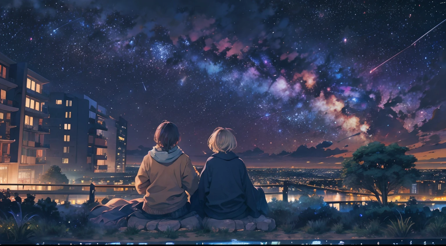octans, sky, star (sky), scenery, starry sky, night, night sky, outdoors, building, cloud, milky way, sitting, tree, city, cityscape --auto --s2