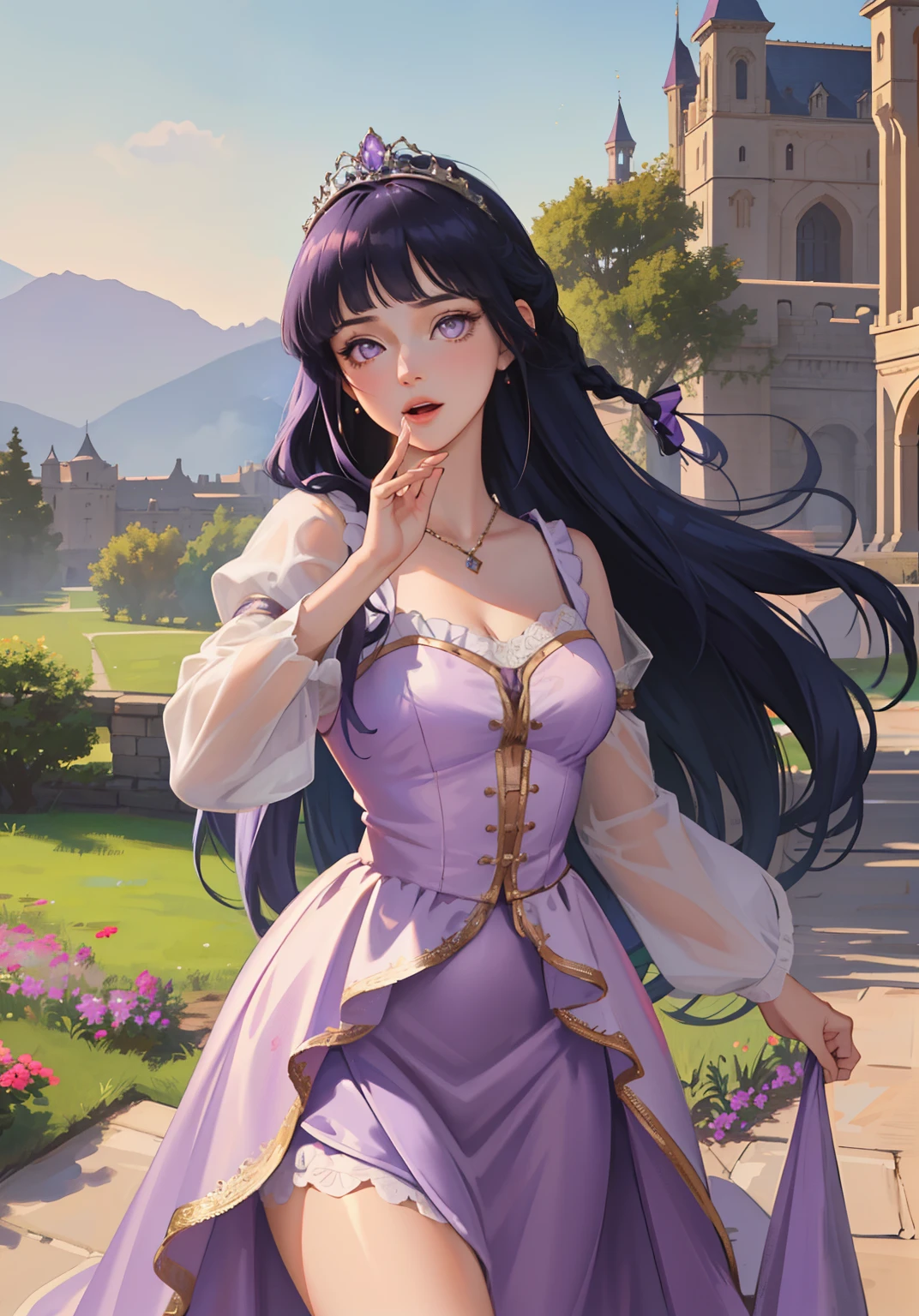 (RapunzelWaifu:1), surprised, beautiful pose, looking at the viewer, thick thighs, (long soft purple dress:1.2), (very long hair, tiara) :D,braid,
(realistic: 1.2), (realism), (masterpiece: 1.2), (best quality), (ultra detailed), (8k, 4k, intricate), (full-body-shot: 1), (Cowboy-shot: 1.2), (85mm), light particles, lighting, (highly detailed: 1.2), (detailed face: 1.2), (gradients), sfw, colorful, (detailed eyes: 1.2),
(detailed landscape, garden, plants, castle: 1.2), (detailed background), detailed landscape, (dynamic angle: 1.2), (dynamic pose: 1.2), (rule of third_composition: 1.3), (line of action: 1.2), wide shot, daylight, soil, Blunt Bangs, purple eyes,dark blue hair