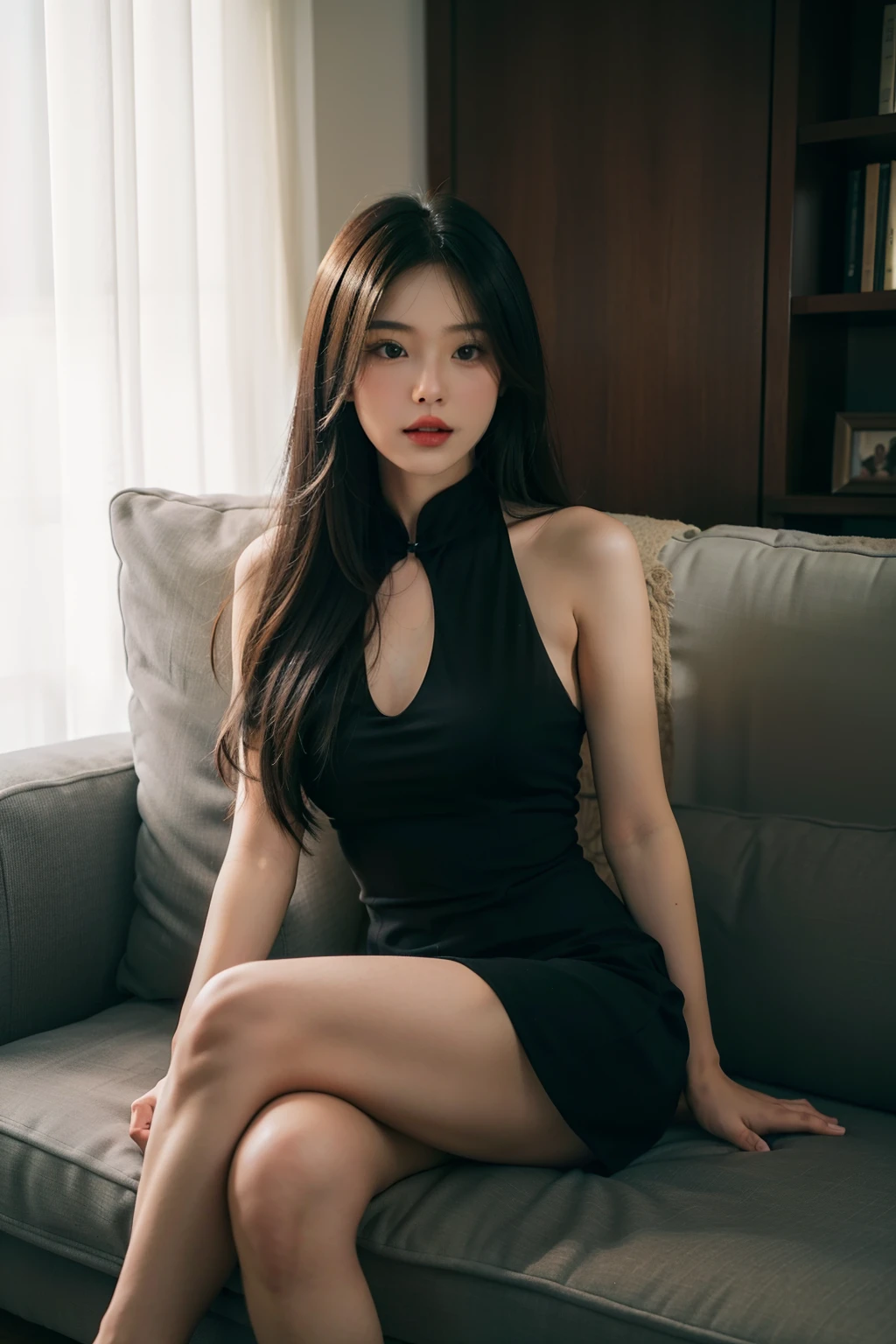1girl in,Sitting on a cozy sofa,cross one's legs,Soft light,Chinese beauty,Black dress,A dark-haired,length hair
