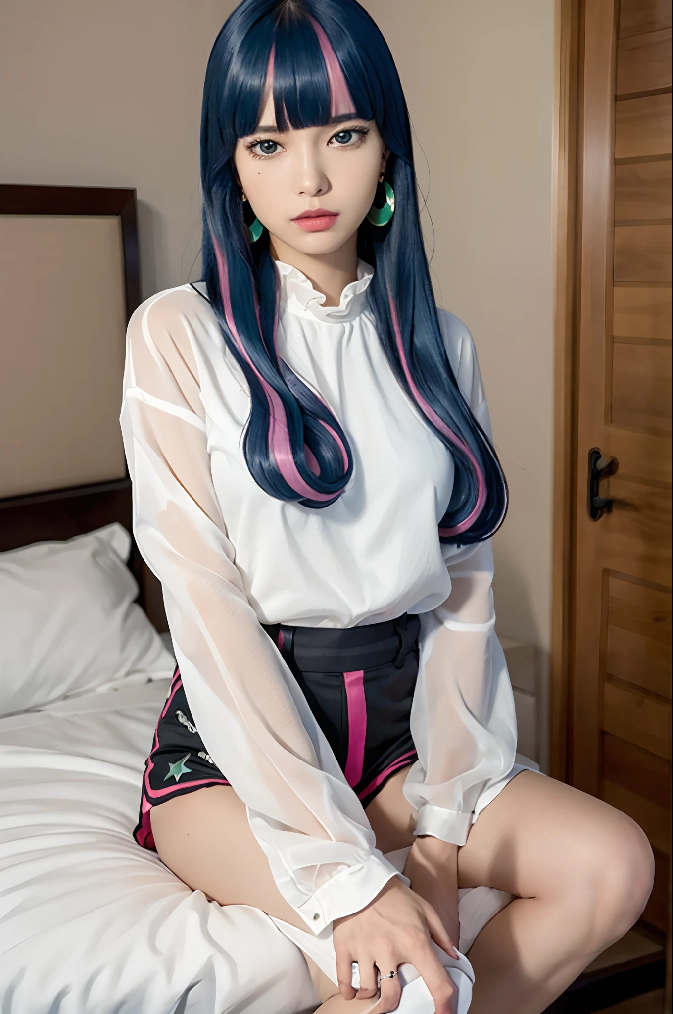 ((best quality)), ((highly detailed)), masterpiece, ((official art)), detailed face, beautiful face, (detailed eyes:1.3, deep eyes), (eida), long hair, looking at the viewer , bangs, blue eyes, shirt, long sleeves, jewelry, very long hair, blue hair, pink hair, colorful hair, earrings, sky, shorts, blunt bangs, stars (symbol), nail polish, bracelets , two-toned hair, striped hair, hands on hips, shorts, evening, black shorts, top quality high waist shorts, masterpiece, intricate details, tone mapping, sharp focus, highly detailed, trending on Artstation,1 girl, solo, top quality, masterpiece, intricate detail, tone mapping, sharp focus, highly detailed, trending on Artstation,1 girl, solo, (sitting on bed)