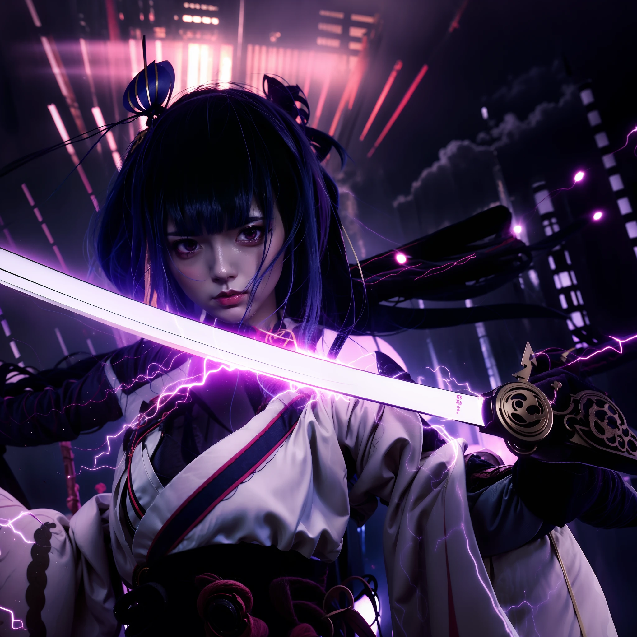 Anime girl with sword in town at night, samurai neon, samurai cyberpunk muito bonito, samurai cyberpunk, Melhor Anime 4K Konachan Wallpaper, badass anime 8 k, samurai jedi, estilo anime 4K, arte cyberpunk anime, segurando uma luzabre. arte splash, estilo anime afro samurai, afro samurai animes style, Retrato de um samurai cyberpunk, Sith