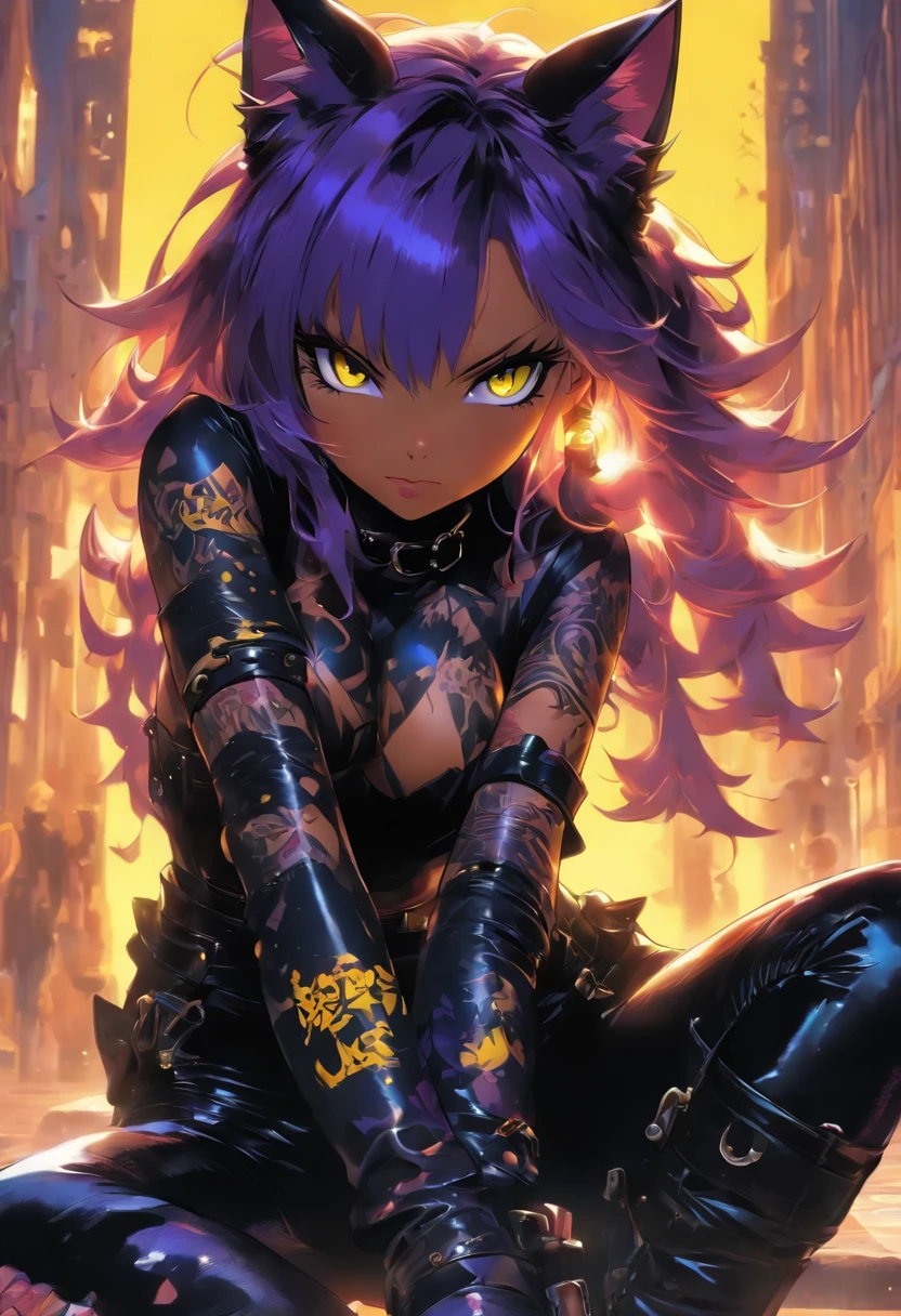 The most beautiful and sexy catgirl, purple hair, yellow eyes, highly detailed black leather outfit and leather boots, tattoos and piercings, perfect masterpiece, high quality, high resolution