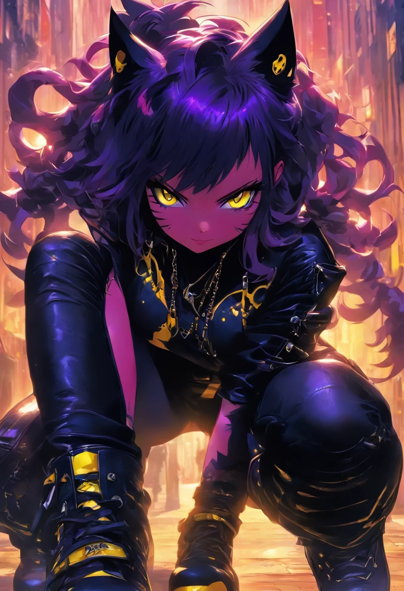 The most beautiful and sexy catgirl, purple hair, yellow eyes, highly detailed black leather outfit and leather boots, tattoos and piercings, perfect masterpiece, high quality, high resolution