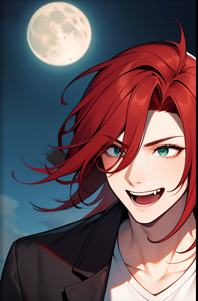 defined man, red colored hair, medium length hair, dark green eyes, messy hair up, laughing, moon, dark blue sky