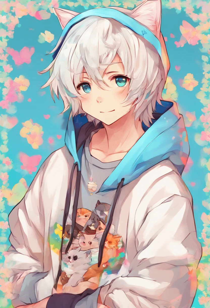 adult Male neko wearing a soft cute outfit, has bright blue eyes and long white hair, wearing black hoodie