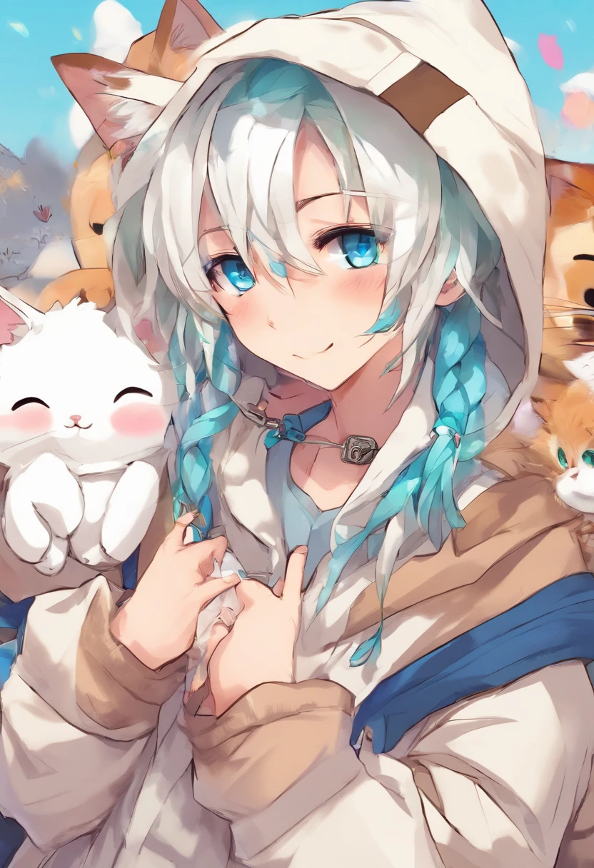 adult Male neko wearing a soft cute outfit, has bright blue eyes and long white hair, wearing black hoodie