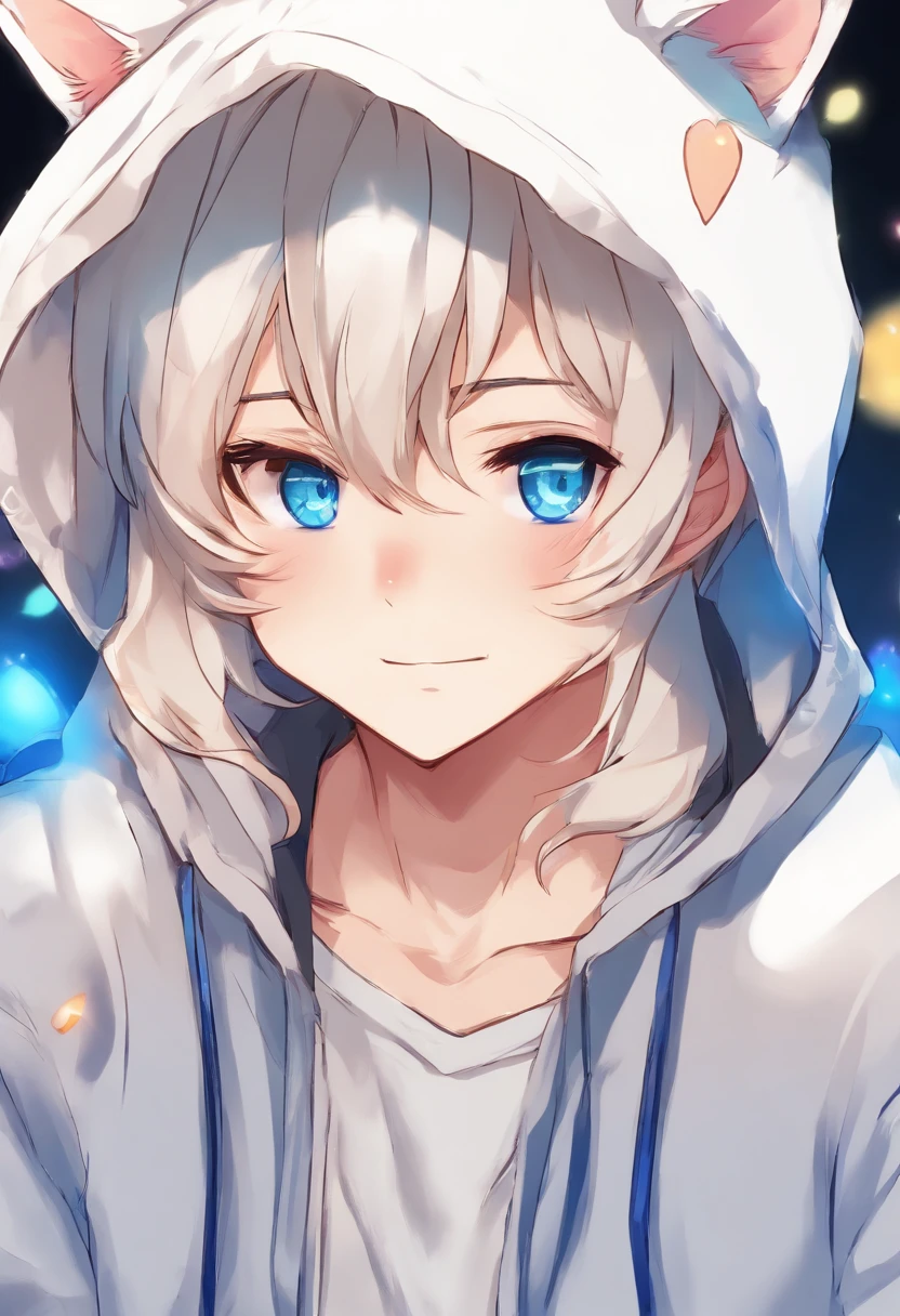adult Male neko wearing a soft cute outfit, has bright blue eyes and long white hair, wearing black hoodie
