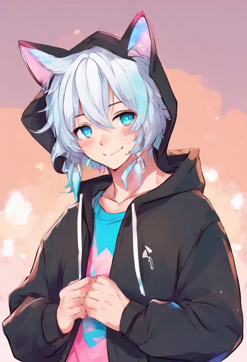 adult Male neko wearing a soft cute outfit, has bright blue eyes and long white hair, wearing black hoodie