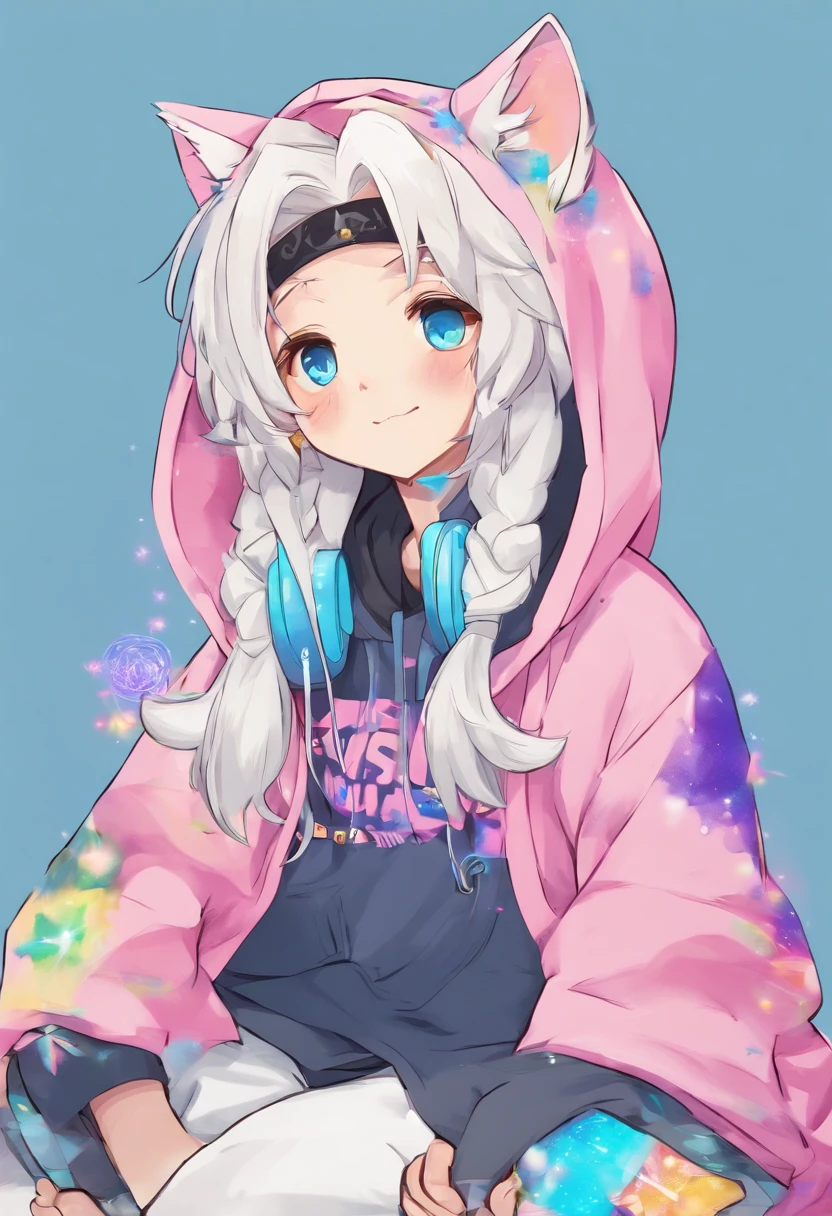 adult Male neko wearing a soft cute outfit, has bright blue eyes and long white hair, wearing black hoodie