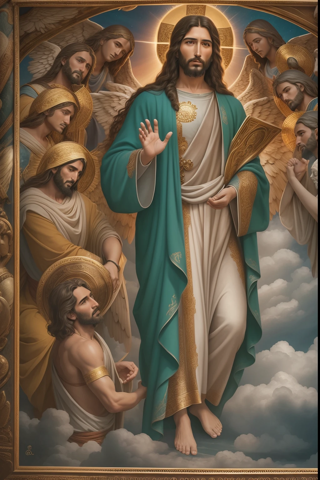Gere uma imagem de Jesus estilo realista, The paradise of the celestial background ,with angels in the blue sky, olhando para frente .com longos cabelos castanhos e barba. His eyes are kind and expressive,, garanta que a imagem seja de alta qualidade e rica em detalhes, capturing the essence of Jesus , pele altamente detalhada: 1,2 8k uhd , 20MP, Fujifilm XT3, 80mm