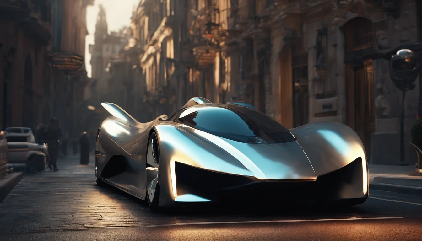 (Best quality,high resolucion,Ultra-detailed), Vue large d'une voiture dans une ruelle de la ville la nuit, ((Futuristic retro city)) Futuristic preview of the product car, Voiture futuriste, Bladerunner Voiture, Voitures futuristes, Monolithic retro futuristic, Concept-car futuriste, Concept de voiture futuriste, Concept-car, Futuristic chrome car, Voiture de science-fiction, very futuristic, Beeple et Jean Giraud, Avant-garde 8K wallpaper, ultra realist, Next to the car is a 30-year-old man dressed as a murderer.,menacing standing,tenant un katana,assassin costume,Detailed face and expression,Dark and mysterious atmosphere,mise au point nette,professionnel,concept style artiste,ombres subtiles,menacing eyes,expression sinistre,Tenue et capuche noires, Military armor parts, Flickering light from candles,dramatic lighting,Position mortelle,Contexte sinistre,Emphasis is on fine details,pose dynamique,Strong presence of character,high contrast,Palette de couleurs moroses,Disturbing atmosphere