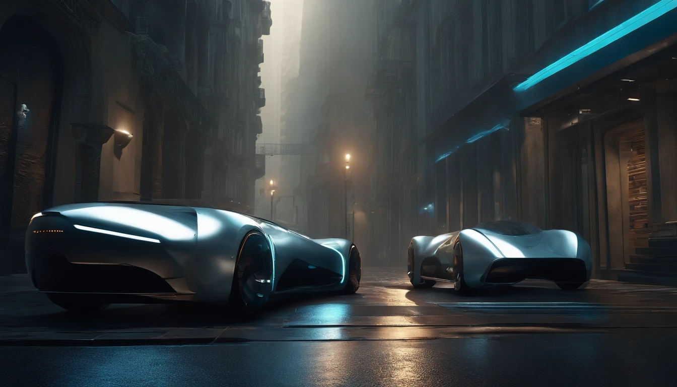 (Best quality,high resolucion,Ultra-detailed), Vue large d'une voiture dans une ruelle de la ville la nuit, ((Futuristic retro city)) Futuristic preview of the product car, Voiture futuriste, Bladerunner Voiture, Voitures futuristes, Monolithic retro futuristic, Concept-car futuriste, Concept de voiture futuriste, Concept-car, Futuristic chrome car, Voiture de science-fiction, very futuristic, Beeple et Jean Giraud, Avant-garde 8K wallpaper, ultra realist, Next to the car is a 30-year-old man dressed as a murderer.,menacing standing,tenant un katana,assassin costume,Detailed face and expression,Dark and mysterious atmosphere,mise au point nette,professionnel,concept style artiste,ombres subtiles,menacing eyes,expression sinistre,Tenue et capuche noires, Military armor parts, Flickering light from candles,dramatic lighting,Position mortelle,Contexte sinistre,Emphasis is on fine details,pose dynamique,Strong presence of character,high contrast,Palette de couleurs moroses,Disturbing atmosphere
