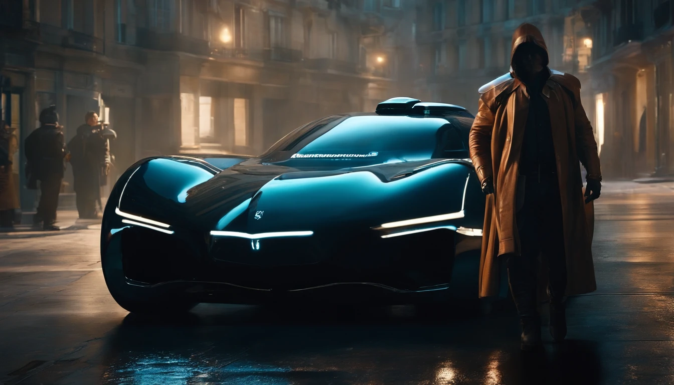 (Best quality,high resolucion,Ultra-detailed), Vue large d'une voiture dans une ruelle de la ville la nuit, ((Futuristic retro city)) Futuristic preview of the product car, Voiture futuriste, Bladerunner Voiture, Voitures futuristes, Monolithic retro futuristic, Concept-car futuriste, Concept de voiture futuriste, Concept-car, Futuristic chrome car, Voiture de science-fiction, very futuristic, Beeple et Jean Giraud, Avant-garde 8K wallpaper, ultra realist, Next to the car is a 30-year-old man dressed as a murderer.,menacing standing,tenant un katana,assassin costume,Detailed face and expression,Dark and mysterious atmosphere,mise au point nette,professionnel,concept style artiste,ombres subtiles,menacing eyes,expression sinistre,Tenue et capuche noires, Military armor parts, Flickering light from candles,dramatic lighting,Position mortelle,Contexte sinistre,Emphasis is on fine details,pose dynamique,Strong presence of character,high contrast,Palette de couleurs moroses,Disturbing atmosphere