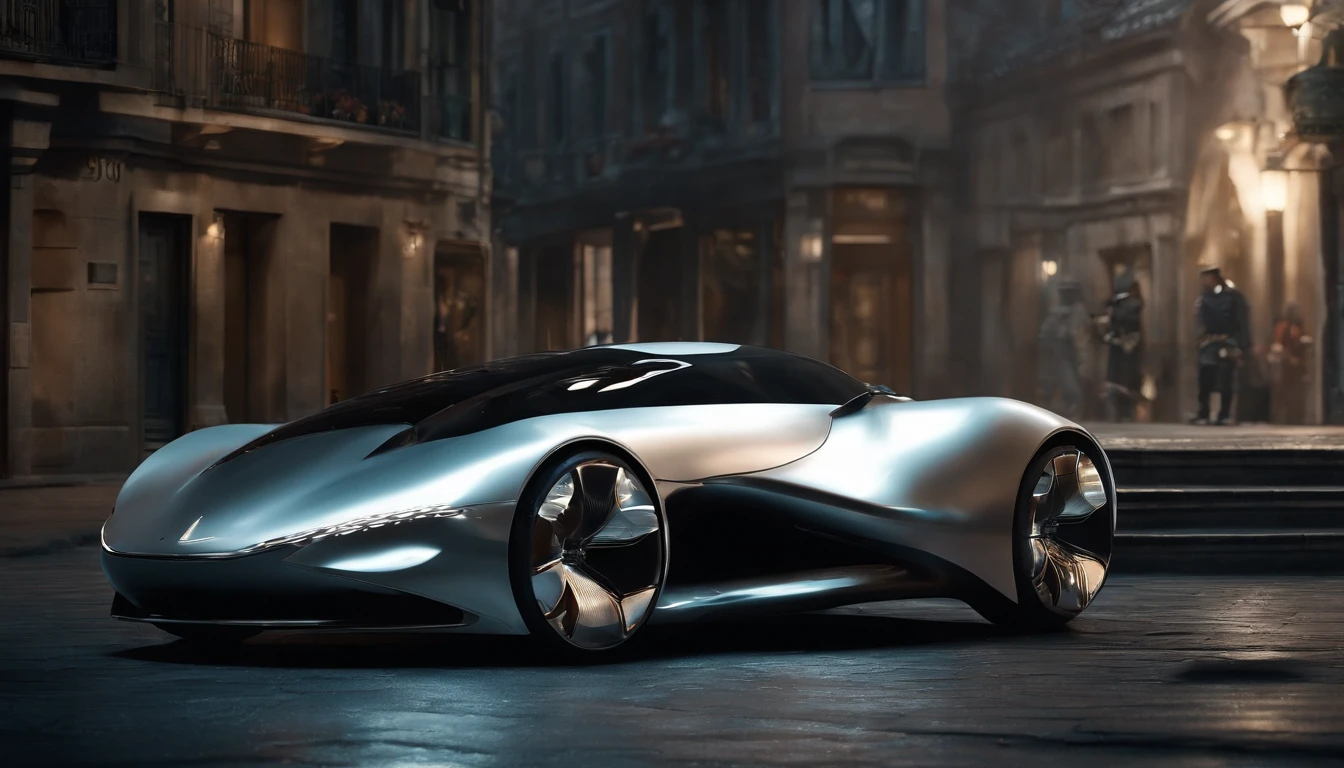 (Best quality,high resolucion,Ultra-detailed), Vue large d'une voiture dans une ruelle de la ville la nuit, ((Futuristic retro city)) Futuristic preview of the product car, Voiture futuriste, Bladerunner Voiture, Voitures futuristes, Monolithic retro futuristic, Concept-car futuriste, Concept de voiture futuriste, Concept-car, Futuristic chrome car, Voiture de science-fiction, very futuristic, Beeple et Jean Giraud, Avant-garde 8K wallpaper, ultra realist, Next to the car is a 30-year-old man dressed as a murderer.,menacing standing,tenant un katana,assassin costume,Detailed face and expression,Dark and mysterious atmosphere,mise au point nette,professionnel,concept style artiste,ombres subtiles,menacing eyes,expression sinistre,Tenue et capuche noires, Military armor parts, Flickering light from candles,dramatic lighting,Position mortelle,Contexte sinistre,Emphasis is on fine details,pose dynamique,Strong presence of character,high contrast,Palette de couleurs moroses,Disturbing atmosphere