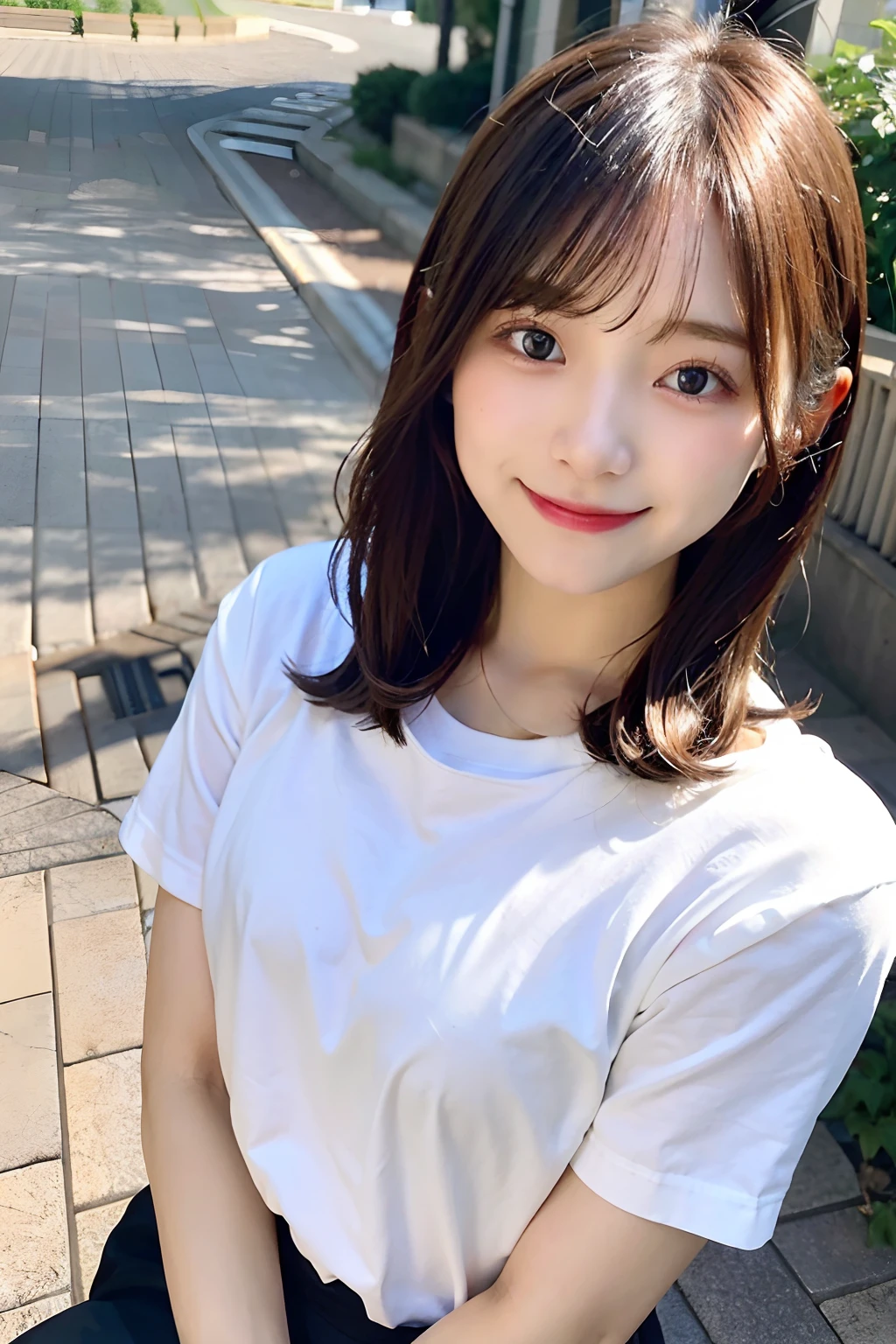 (top-quality、8K、32K、masuter piece、nffsw:1.2)、Cute Japan Girl、1人、profile、(slim figure:1.2)、(s lips) 、(Black hair)、二重まぶた、shinny skin、Realistic rays、mare、beauitful face、(A smile:1.3)、crouching down、(From above:1.2)、(a closeup:1.4)、white t-shirts、Forest of autumn leaves、blurry backround、(Front Focus)、(Dark: 1.6)、Fantasy Art、photoRealstic、Professional Lighting、extra detailed face、Award-winning、deep-shadows、