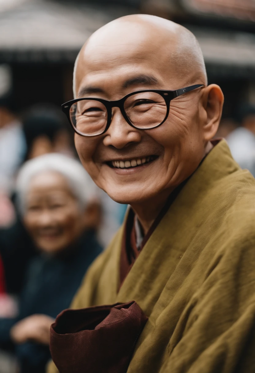 Japan people in their 60s smiling I'm smiling I don't have any hair at all Round large glasses Bald