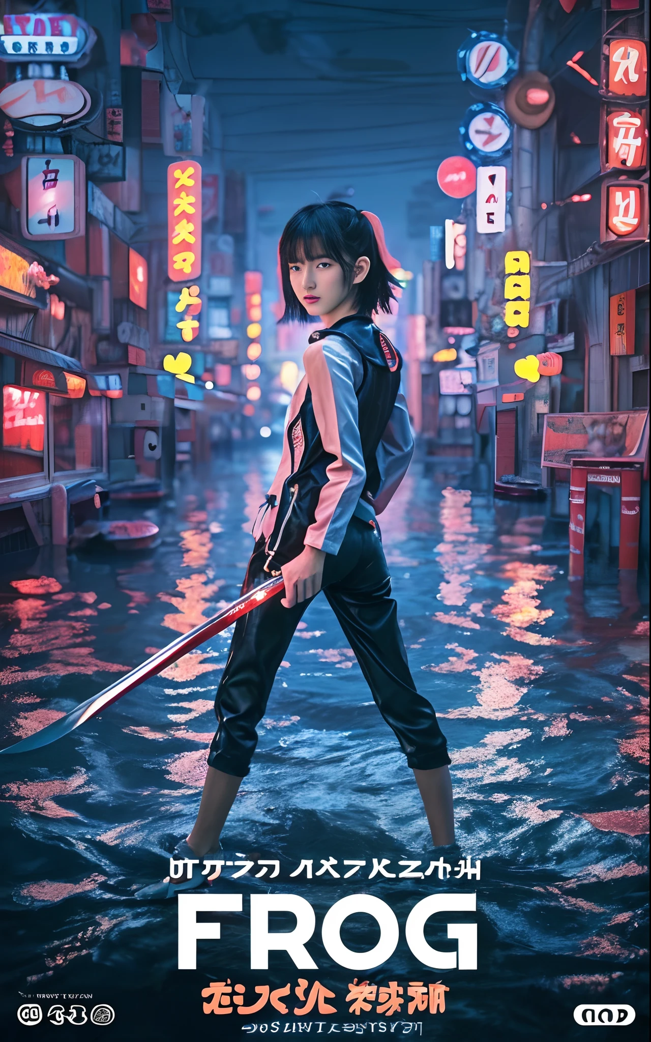 movie「froggy」a poster for a, inspired by Kanō Naizen, ilya kuvshinov landscape, makoto shinkai cyril rolando, modern cyberpunk anime, stylized urban fantasy artwork, digital cyberpunk - anime art, anime cyberpunk art, cyberpunk anime art, digital art ilya kuvshinov, in the style of ross tran, Movie poster with realistic photos inspired by Liam Wong、Boyish age Japan girl standing in flooded Tokyo city、Turning around、With a very slender body、Wearing black slim denim、Wearing monotone long-sleeved lace、Wearing a black vest、Natural hairstyles with cool shortcuts、She looks at you sharply with determination、Holding a long Japan sword in his hand、photos realistic, Cinematic poster, The title of the film says:"frog" Say in small text:"black rain," We will make the city of Tokyo look cute, boyish, Short-haired teengirl in modern fashion、I like the girly hoodie style mixed with the light diving suit, She has a long sword, Cool Pose, photos realistic, Beautiful rendering of reflective water surface, Flickering pink and orange neon signs say:"frog", 8K, Wallpaper, (credibly_absurderes,Huge_filesize:1.37),(masterpiece:1.37),(top-quality:1.37),(realisitic,Photorealsitic:1.2),Ray traching,Realistic lighting,(illuminations,Glow),((film grains:1.37)),(Exquisite details and textures:1.2),(8K分辨率:1.2),(ultra -detail:1.2),(Sharp Focus 1.2),(Raw photography:1.0),(Beautiful Detail Face、Beautiful Detail Eye、 radiant eyes、long eyeslashes、blush of the nose:1.2)、((((perfect anatomia))))、full body Esbian、Ceremony、1girl in、独奏、a beauty girl、High class、(A slender:1.37)、(cute face)、(Natural glowing skin:1)、(Detailed natural skin、detailed skin textures、Detailed black hair、Boyish Hairstyles)、Facial light、(ciinematic light)、Water surface is rendered realistic、Ripple around her、City neon sign light reflecting on the surface of the water、Big city after rain、There is a neon sign light reflecting on her face、There is a Japan sword that reflects the neon sign、masterpiece