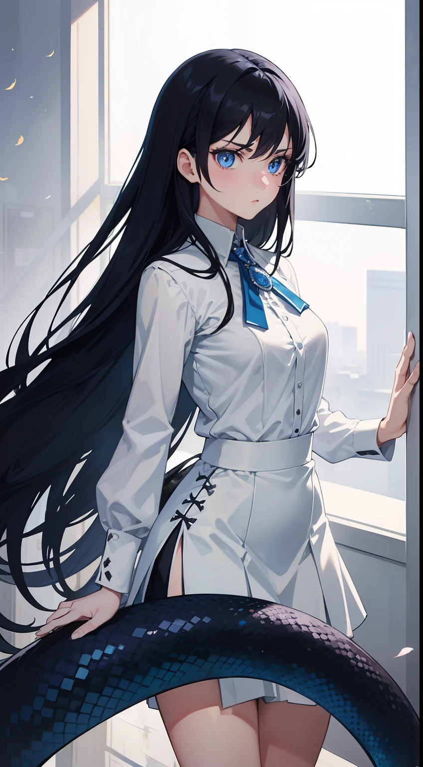 1girl,20s,blue eyes,solo,white blouse,black skirt,long hair,tail serpent,black hair,serious face,classroom,