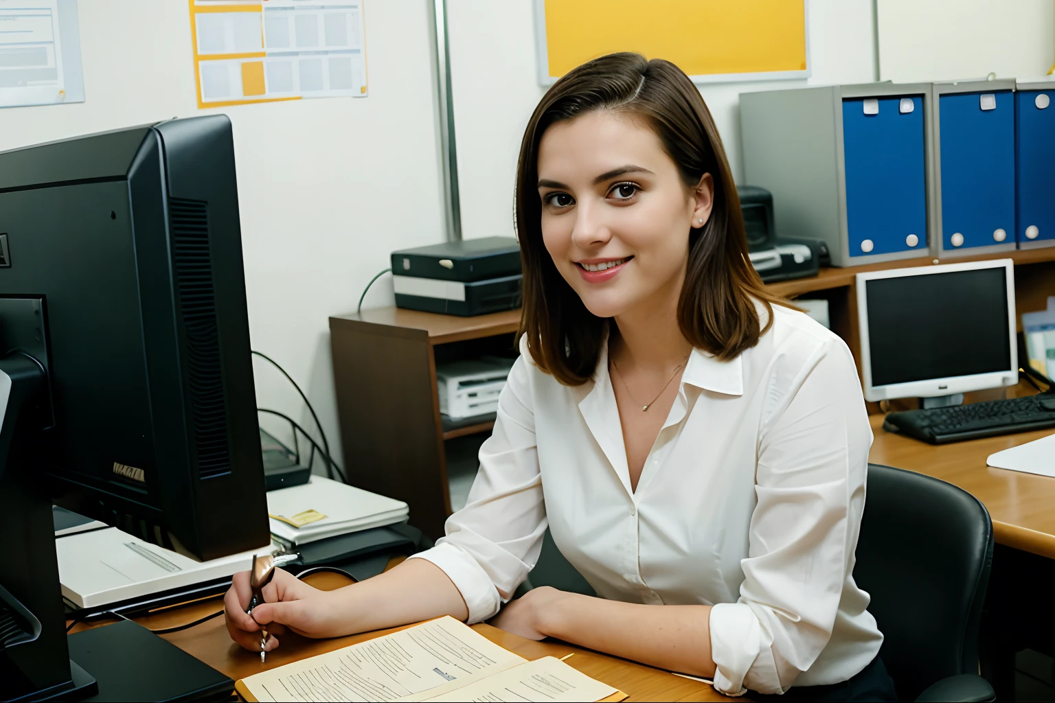 ((RAW, analog style)), 32 year old beautiful female high school teacher wearing office clothes working in front of the computer while talking to students, pale skin, seductive smile, beautiful figure, short brown pompadour haircut, wide hips, office clothes, sitting in the office, masterpiece, best quality, 8K ultra detail, high resolution, ultra quality, highly detailed, hd, 2k, 4k, 8k, 16k