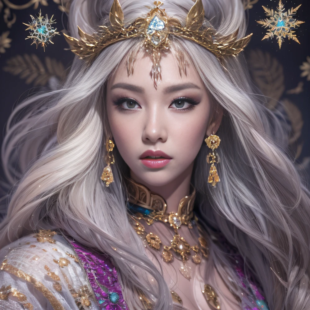 32K(tmasterpiece,k hd,hyper HD,32K)short detailed hair,Gold jewelry area in the back room,Flame Girl ,Yao Lang protector (realisticlying:1.4),Python pattern robe,Purple-pink tiara,Snowflakes fluttering,The background is pure,Hold your head high,Be proud,The nostrils look at people, A high resolution, the detail, RAW photogr, Sharp Re, Nikon D850 Film Stock Photo by Jefferies Lee 4 Kodak Portra 400 Camera F1.6 shots, Rich colors, ultra-realistic vivid textures, Dramatic lighting, Unreal Engine Art Station Trend, cinestir 800,Hold your head high,Be proud,The nostrils look at people