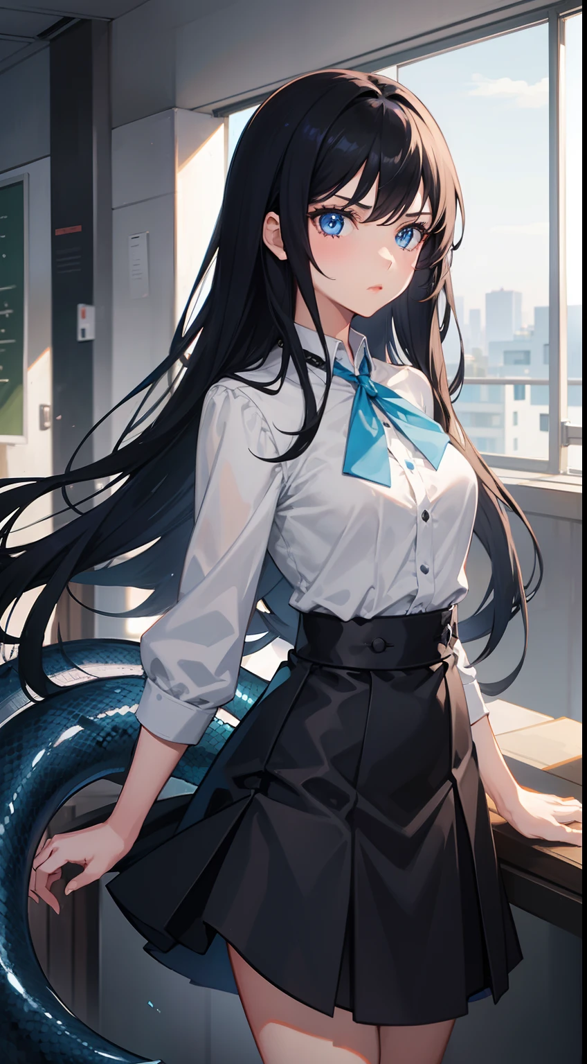 1girl,20s,blue eyes,solo,white blouse,black skirt,long hair,tail serpent,black hair,serious face,classroom,