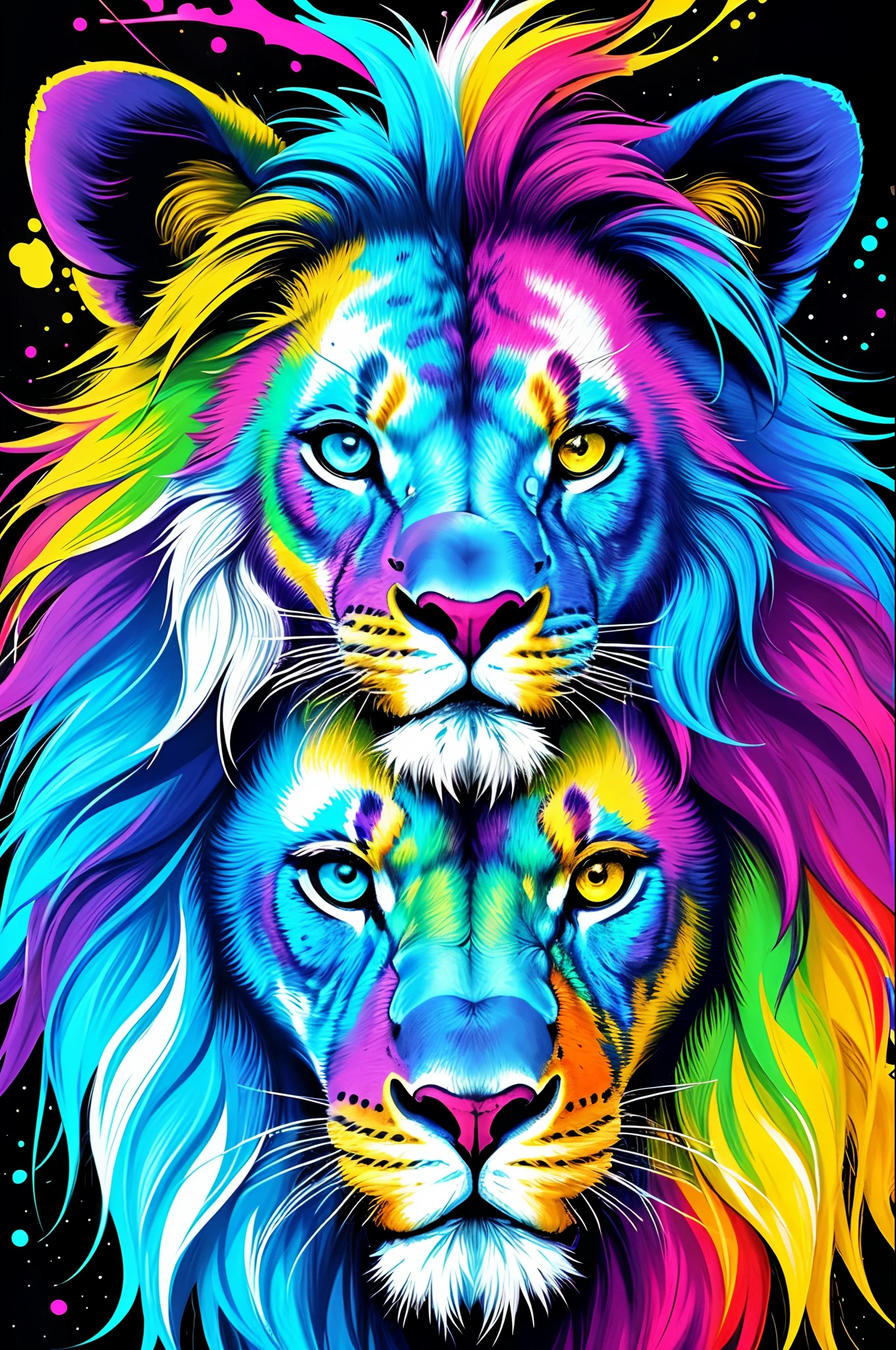 Extreme quality, nffsw, Detailed face+Eyes, (Bright colors), Splashes of color background, colors mashing, Paint Splatter, Complementary color scheme, Electric, neons, , (limited palette), Synth Wave, masutepiece, Fine Art, the Lion、gradients、Fantastical、Fantasia