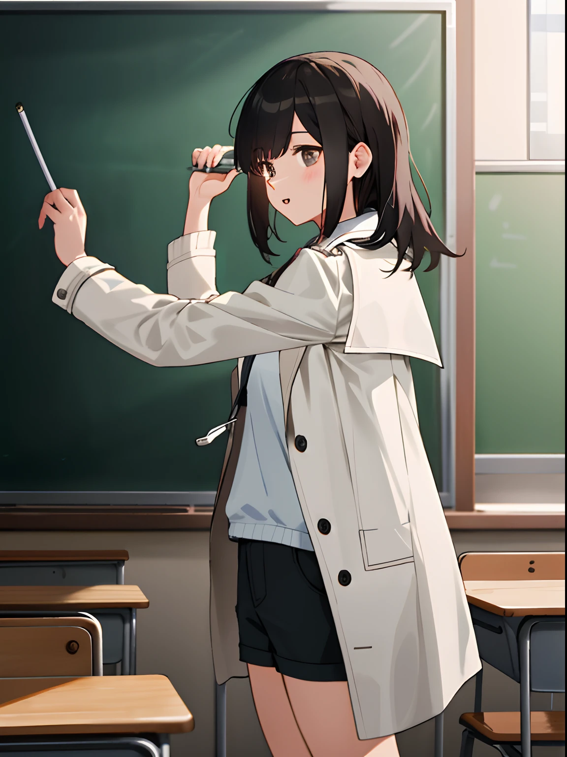 In the classroom，There are a lot of students，Female teacher giving lectures to students in front of a blackboard，Wear shorts and a white trench coat