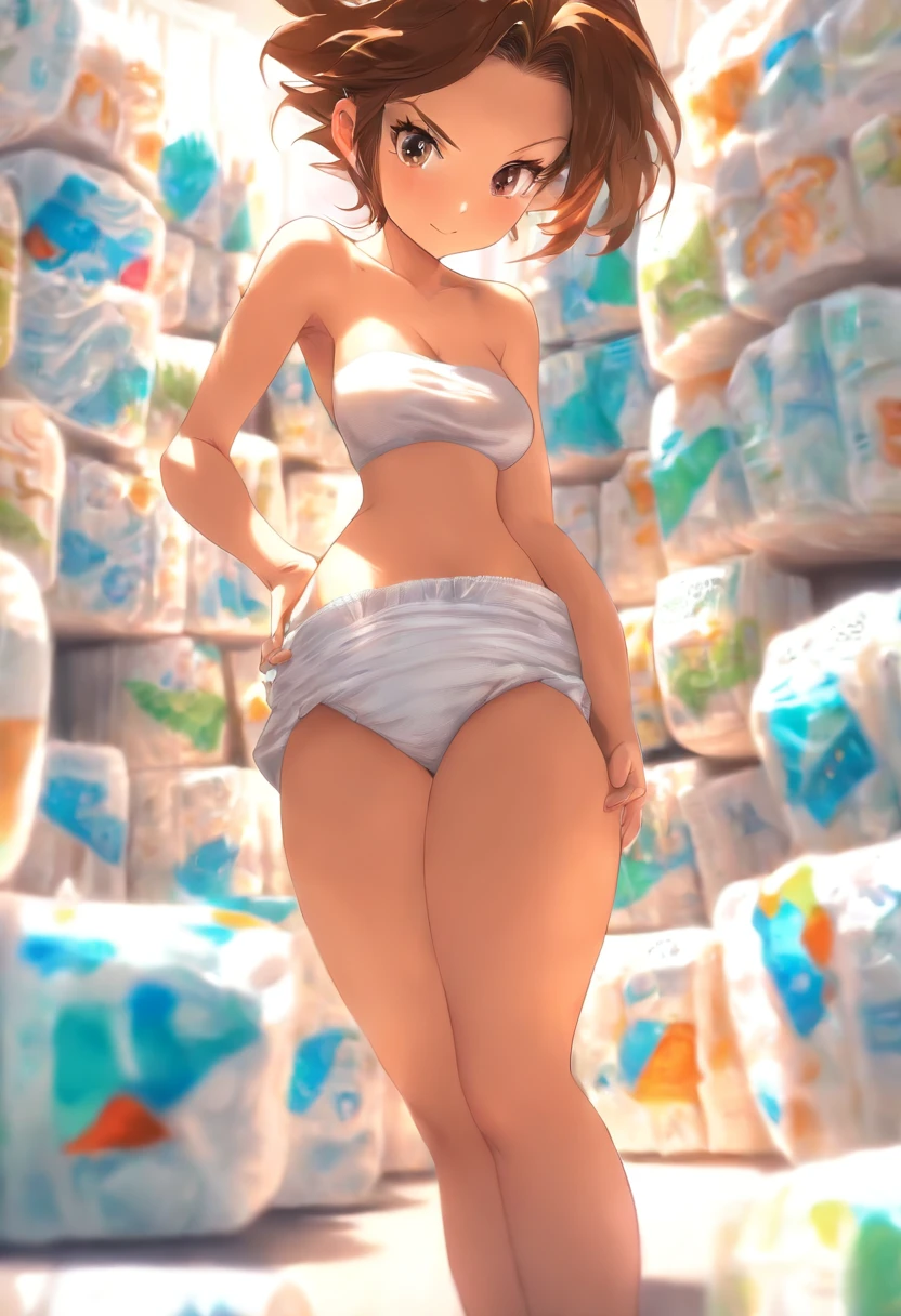Female, sleeveless crop top, (white gigantic diaper:1.5), short brown hair