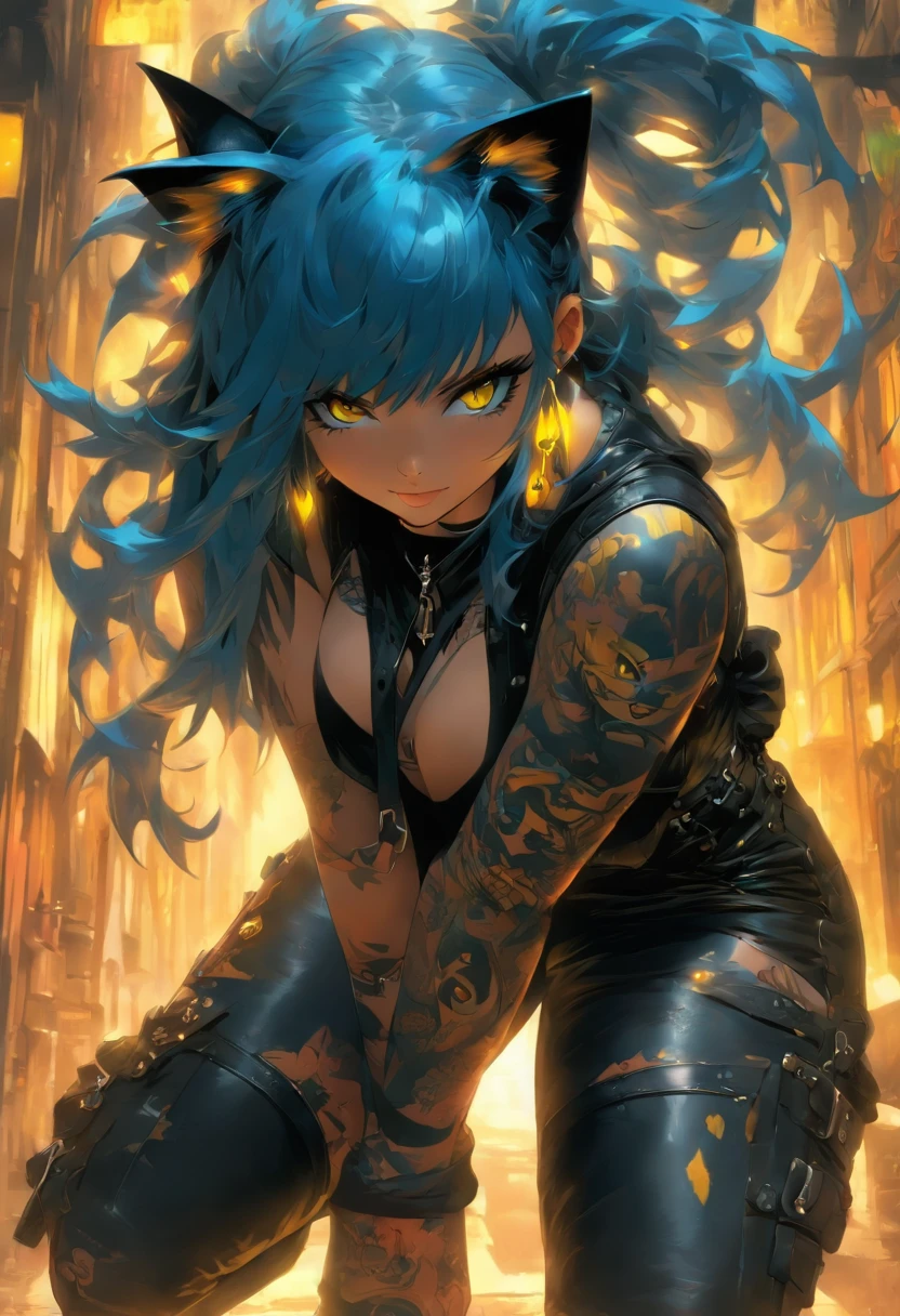 The most beautiful and sexy catgirl, blue hair, yellow eyes, highly detailed black leather outfit and leather boots, tattoos and piercings, perfect masterpiece, high quality, high resolution