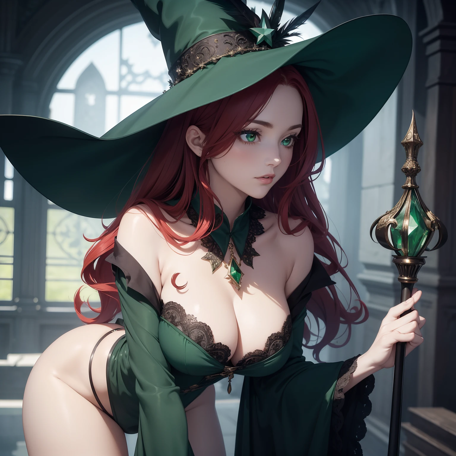 (masterpiece, best quality, photorealistic, cinematic, ultra-detailed, 8k), ((medium shot, front view)), (dynamic background), 1 sexy girl, perfect anatomy, expressive eyes, perfect hands, long round legs, large cleavage, a red-haired witch with long, flowing crimson hair. she wears an intricate, deep green velvet robe adorned with silver crescent moon and star patterns. her pointed hat is adorned with feathers and a wide brim, casting a shadow over her mysterious emerald eyes. add an ornate, glowing staff with a crystal orb at the top, emitting an eerie, otherworldly light