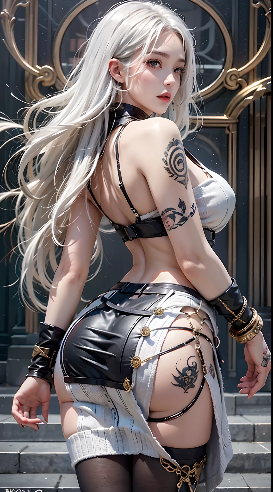 Photorealistic, high resolution, 1 woman, hips up, Beautiful eyes, Long hair, ringed eyes, jewelry, tattoo, white hair, sweater, skirt, back view