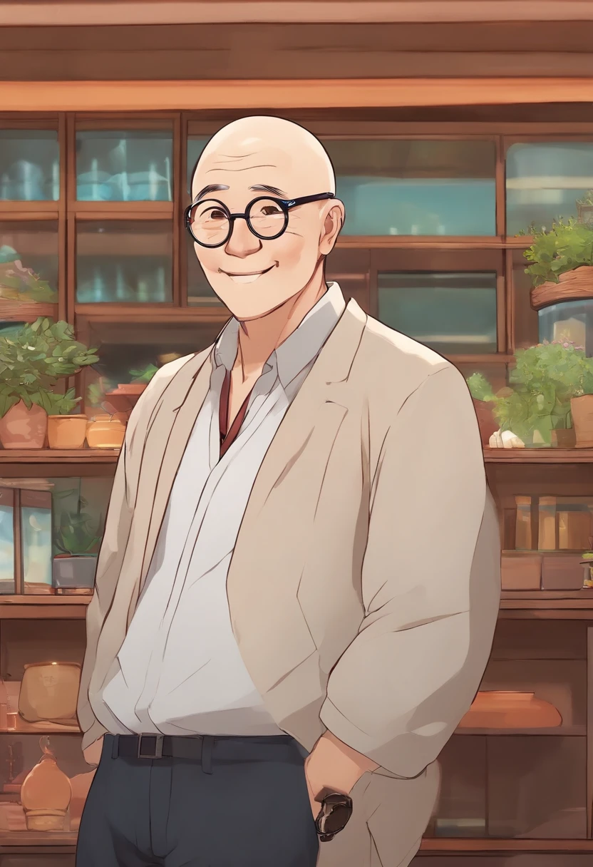 Plump uncle wearing big round glasses without cartoonish hair Charming60generation No hair at all I'm smiling Maruboshi japanes