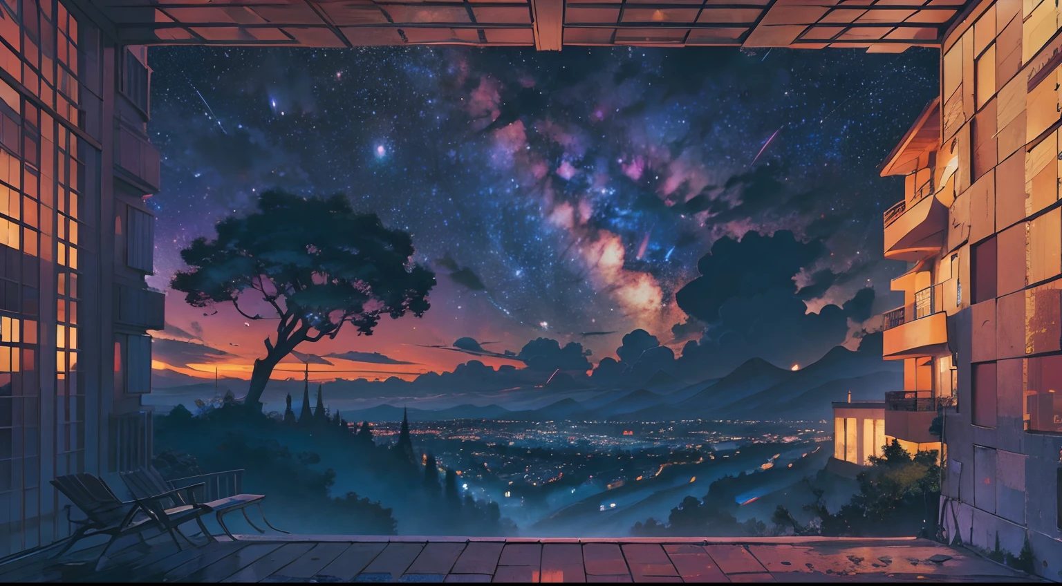 octans, sky, star (sky), scenery, starry sky, night, night sky, outdoors, building, cloud, milky way, sitting, tree, city, silhouette, cityscape --auto --s2