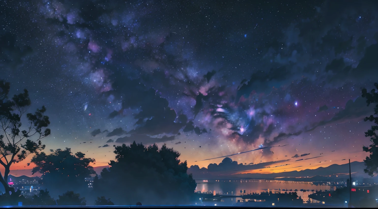 octans, sky, star (sky), scenery, starry sky, night, night sky, outdoors, building, cloud, milky way, sitting, tree, city, silhouette, cityscape --auto --s2