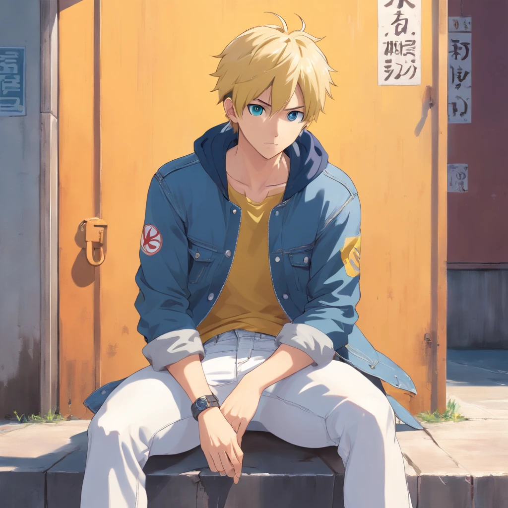 Alafed male model in white jeans and denim jacket leaning against wall, Uzumaki Naruto, korean muscle boy 2 1 , model with attractive body, male model,, inspired by Joong Keun Lee, Hyuntae, inspired by jeonseok lee, sun-hyuk kim, with abs,blue eyes, short yellow hair,cool boy