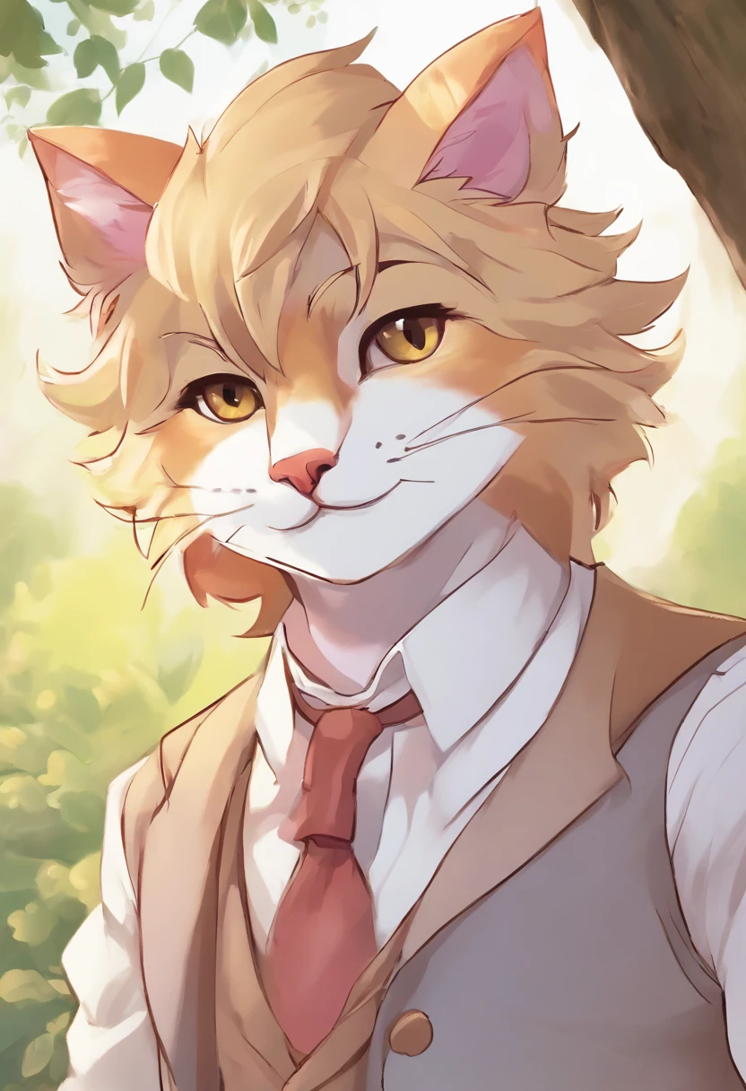 anthropomorphic grey cat, yellow cat eyes, a rip in his ear, simple white shirt, neutral brown jacket, pink paw pads, soft expression, gentle smile